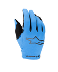 Alpinestars Youth Radar Gloves 2025, młodzieżowe rękawice motocrossowe off-road, niebiesko-czarne, z teksturowanym jasnoniebieskim grzbietem, czarnym logo gwiazdy i brandingiem Alpinestars na nadgarstku, młodzieżowe rękawice motocyklowe
