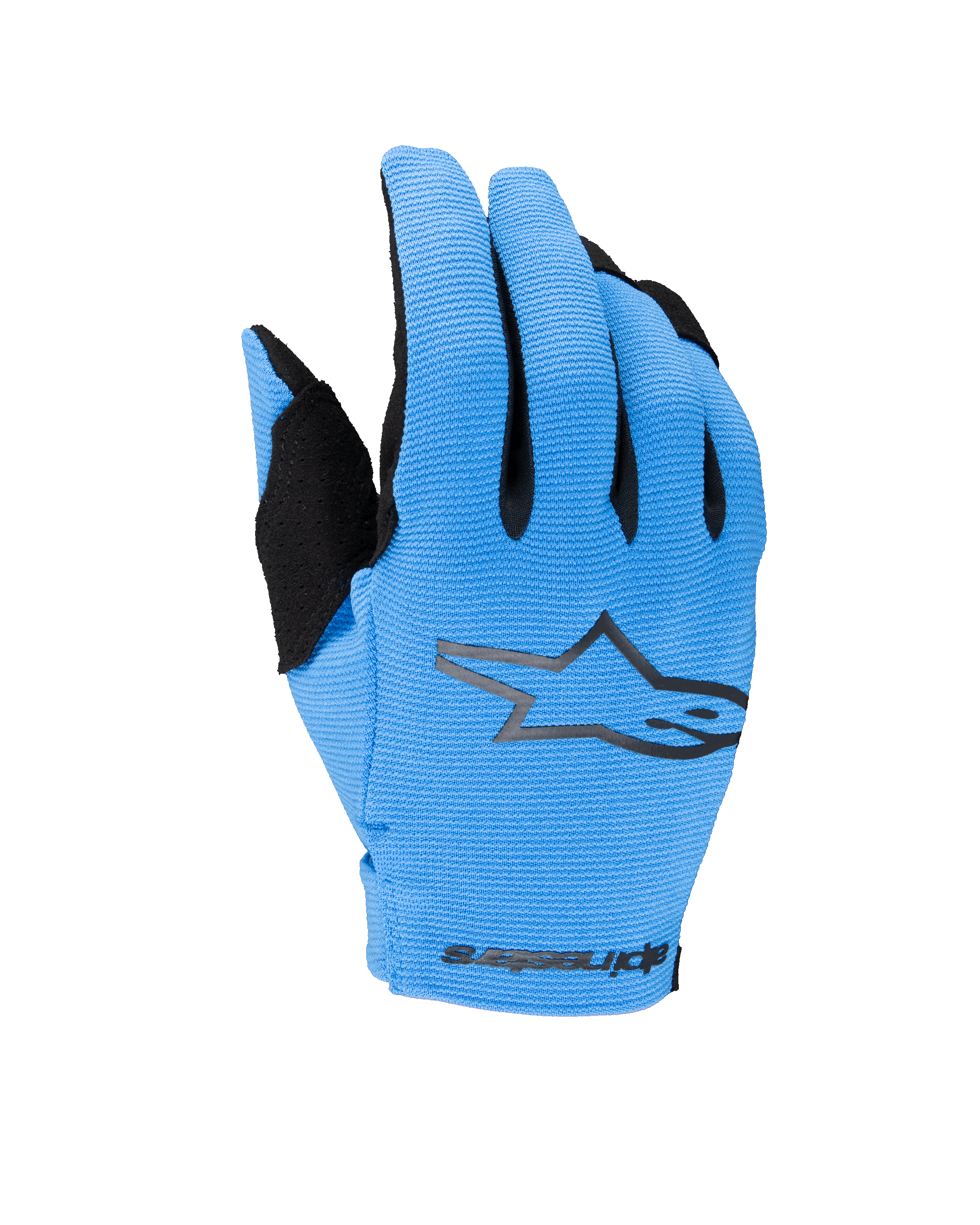 Alpinestars Youth Radar Gloves 2025, młodzieżowe rękawice motocrossowe off-road, niebiesko-czarne, z teksturowanym jasnoniebieskim grzbietem, czarnym logo gwiazdy i brandingiem Alpinestars na nadgarstku, młodzieżowe rękawice motocyklowe