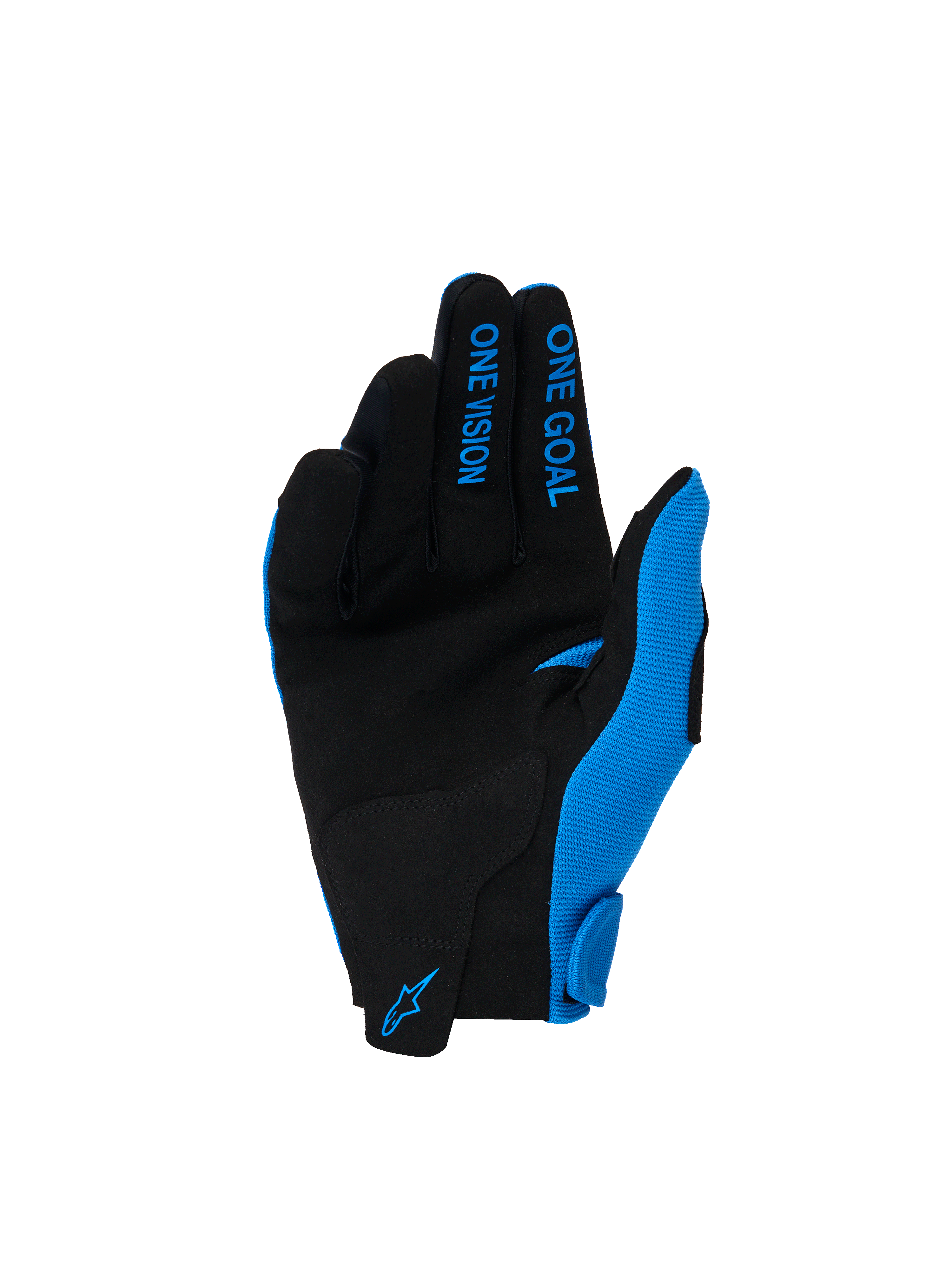 Alpinestars 2026 Youth Radar Gloves, rękawice motocrossowe, kolor Ucla Blue i biały, dłoń z czarnego syntetycznego zamszu, niebieskie napisy „ONE GOAL” i „ONE VISION” na palcach, niebieskie logo Alpinestars na nadgarstku, zaprojektowane do jazdy off-road