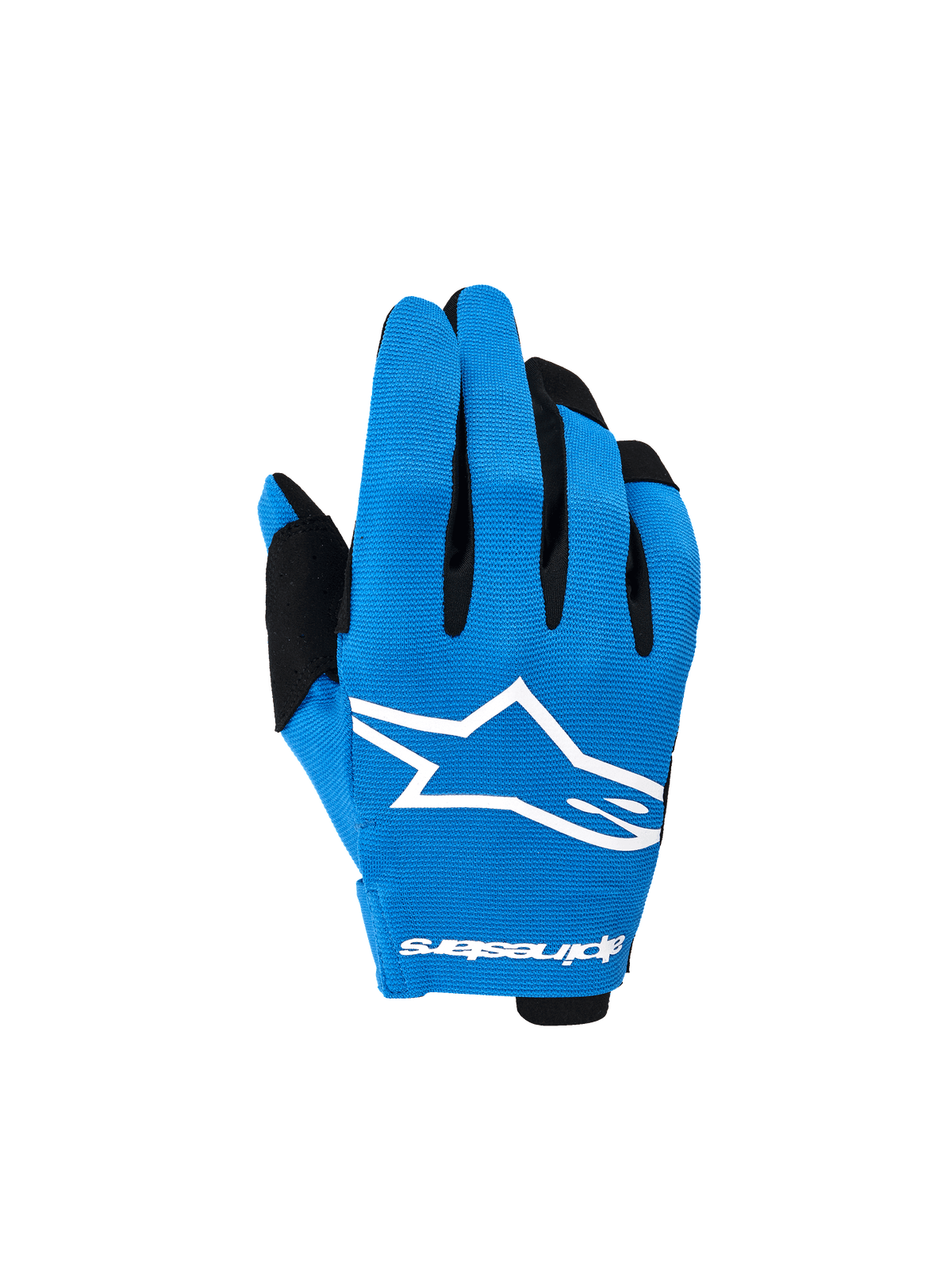 Alpinestars Youth Radar Gloves 2026, rękawice motocrossowe, niebieskie i czarne, z wyraźnym białym logo gwiazdy na wierzchu dłoni, czarne akcenty na palcach, lekka i rozciągliwa konstrukcja do jazdy off-road