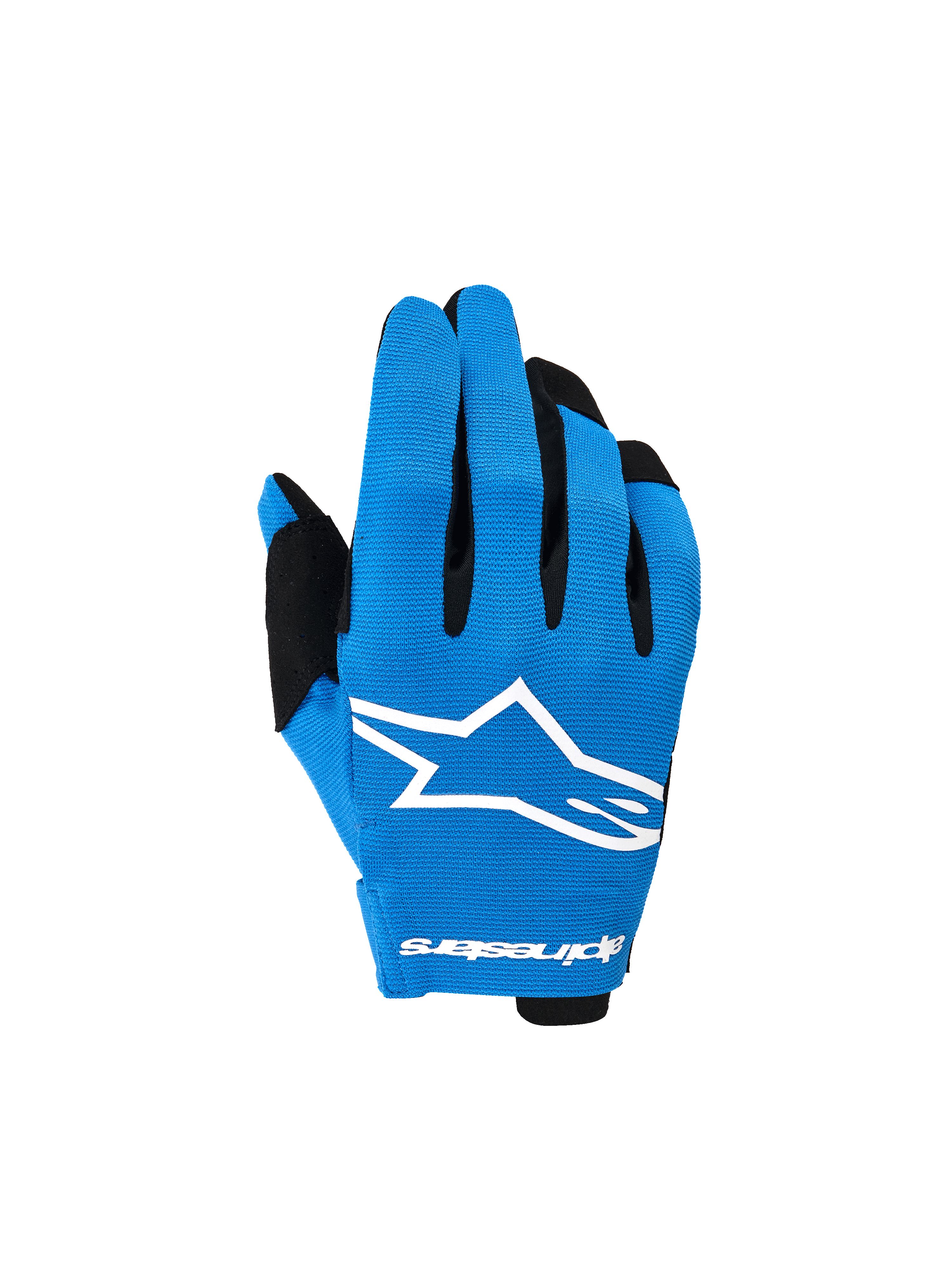 Alpinestars Youth Radar Gloves 2026, rękawice motocrossowe, niebieskie i czarne, z wyraźnym białym logo gwiazdy na wierzchu dłoni, czarne akcenty na palcach, lekka i rozciągliwa konstrukcja do jazdy off-road