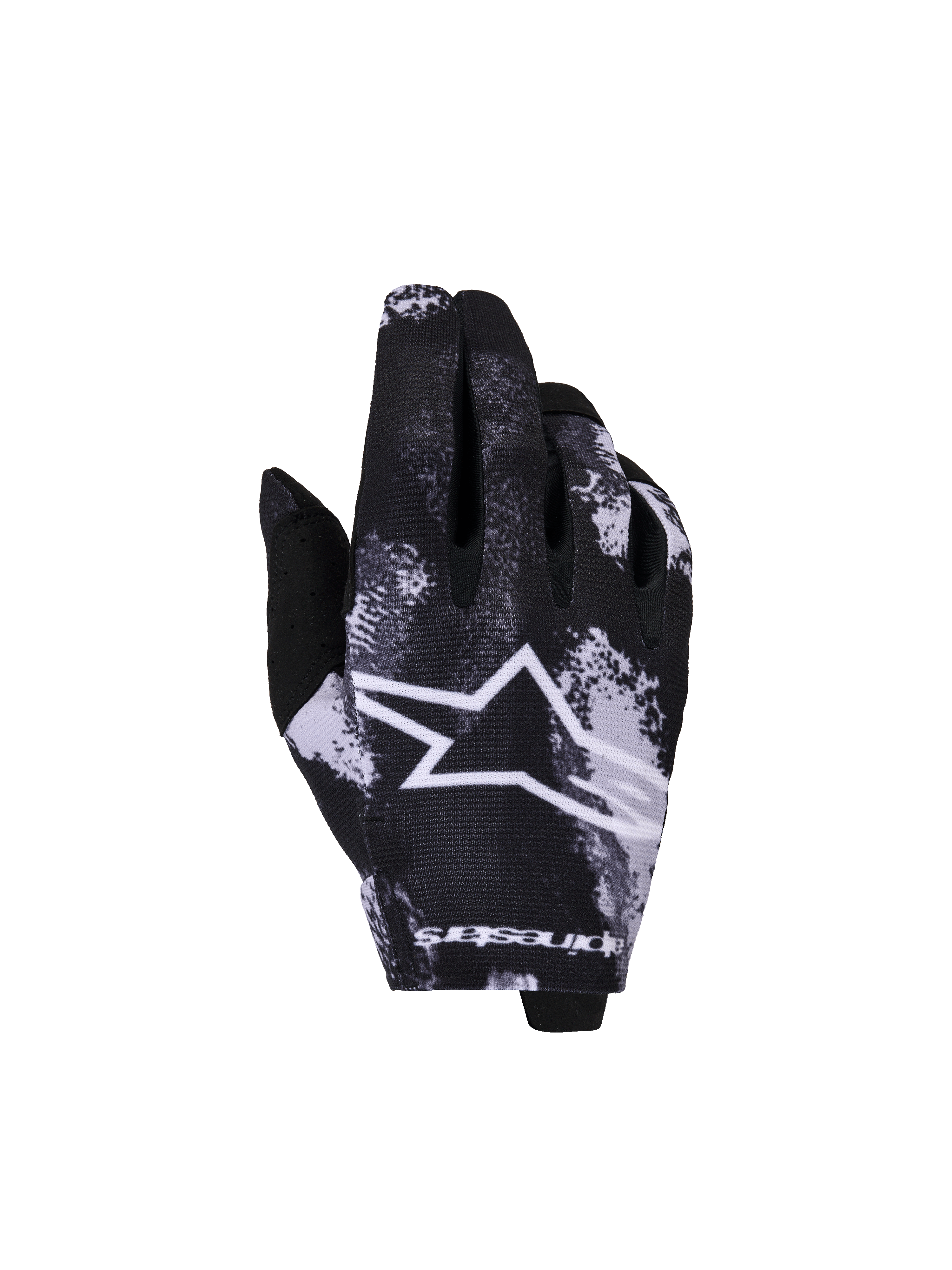 Alpinestars Youth Radar Gloves 2026, młodzieżowe rękawice motocrossowe off-road, czarno-białe, logo gwiazdy z wzorem rozprysku, konstrukcja z teksturowanej tkaniny, rozmiarówka młodzieżowa