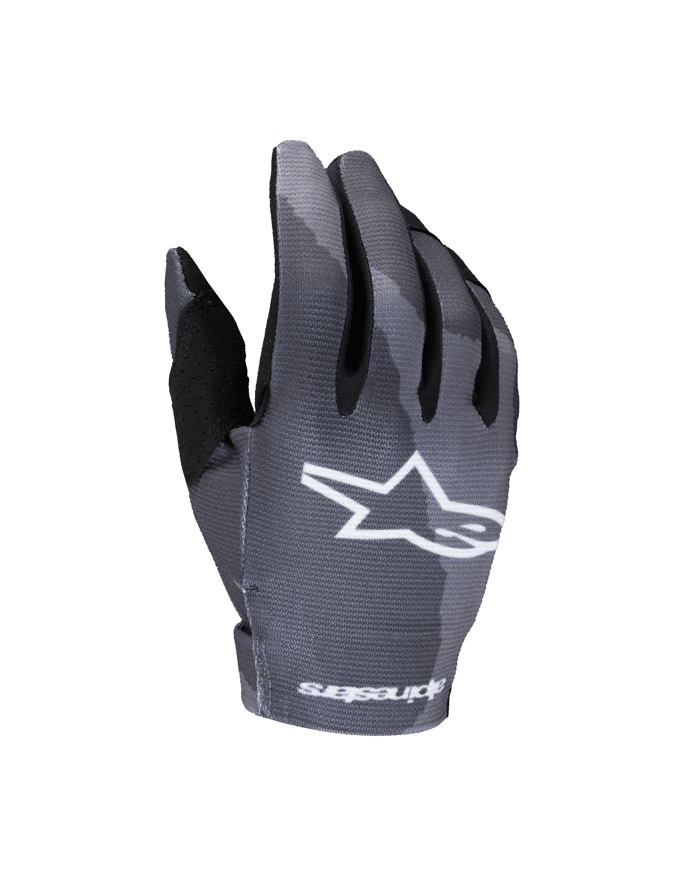 Alpinestars Youth Radar Gloves 2025, rękawice motocrossowe, szary wzór Dark Camo, białe logo gwiazdy na wierzchu dłoni, sublimowany wzór kamuflażu, czarne wzmocnienie kciuka i lekka konstrukcja do młodzieżowych wyścigów off-road