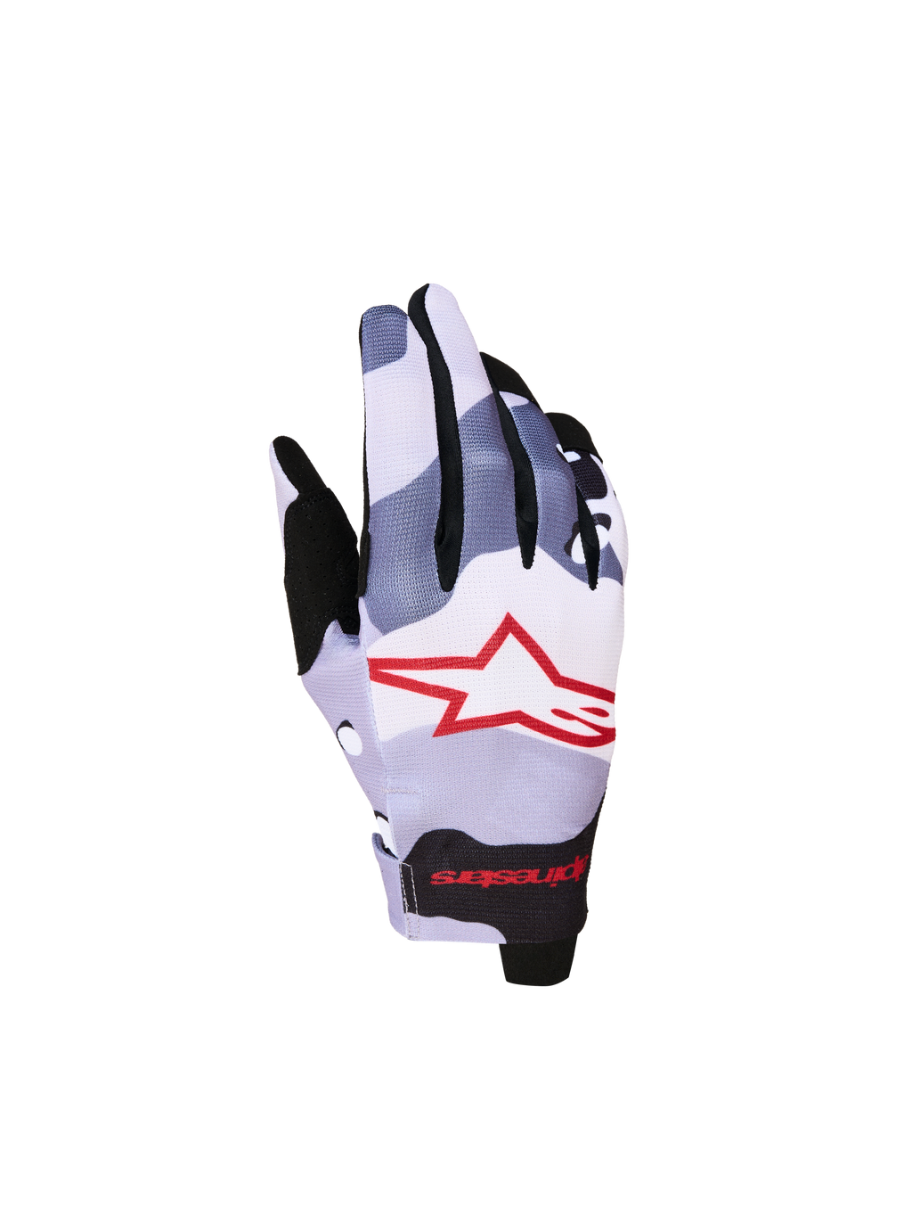 Alpinestars Radar Młodzieżowe 2027, rękawice motocyklowe motocrossowe, szary i czerwony kamuflaż, elastyczny grzbiet dłoni z logo gwiazdy, lekka konstrukcja do jazdy off-road.
