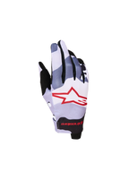 Alpinestars Radar Młodzieżowe 2027, rękawice motocyklowe motocrossowe, szary i czerwony kamuflaż, elastyczny grzbiet dłoni z logo gwiazdy, lekka konstrukcja do jazdy off-road.