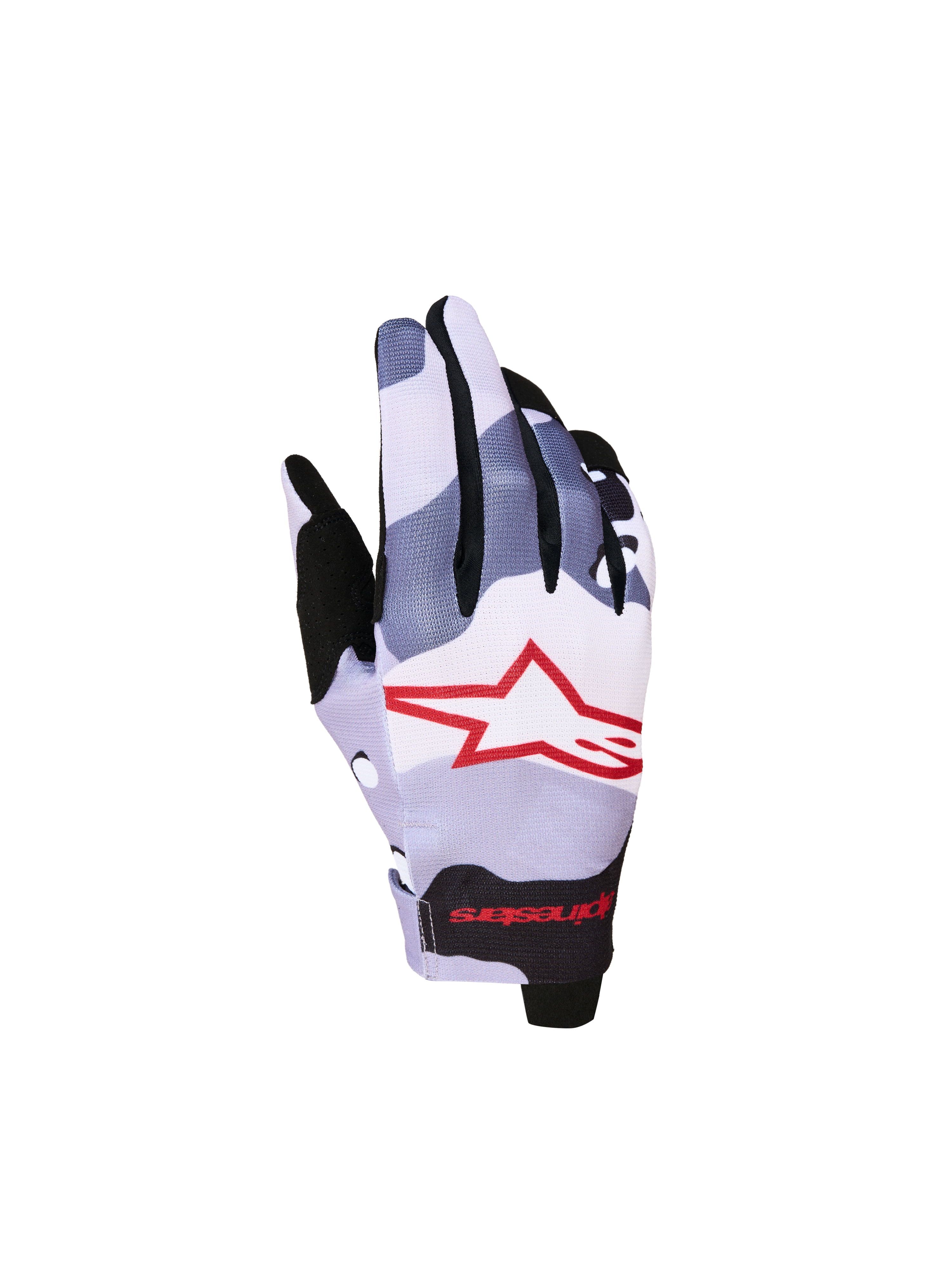 Alpinestars Radar Młodzieżowe 2027, rękawice motocyklowe motocrossowe, szary i czerwony kamuflaż, elastyczny grzbiet dłoni z logo gwiazdy, lekka konstrukcja do jazdy off-road.