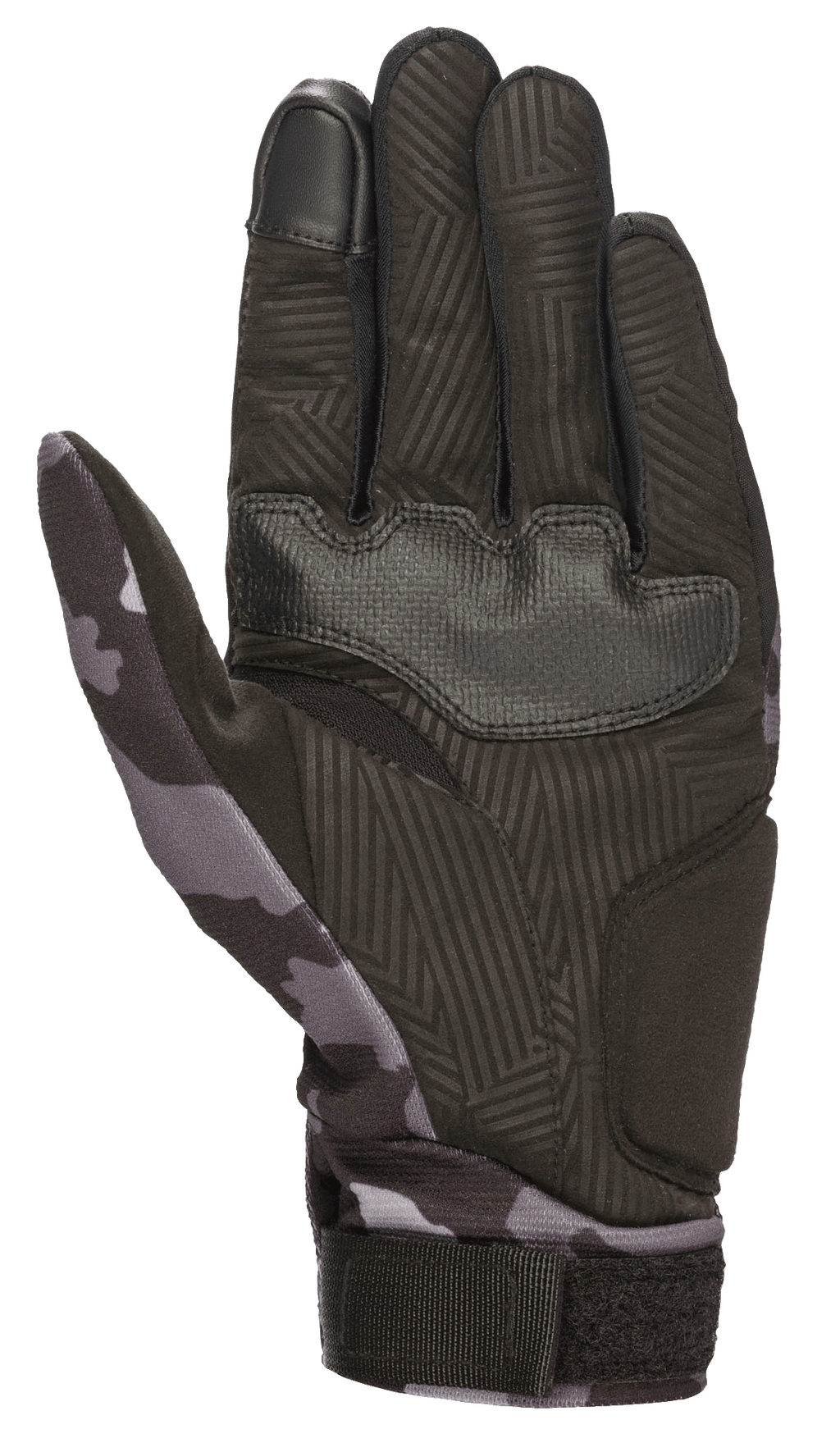 Alpinestars Youth Reef Gloves, młodzieżowe rękawice motocyklowe, czarno-szary kamuflaż, widok dłoni z syntetycznego zamszu z teksturowanym uchwytem, wzór moro na kciuku i nadgarstku, palec wskazujący kompatybilny z ekranami dotykowymi, styl miejski