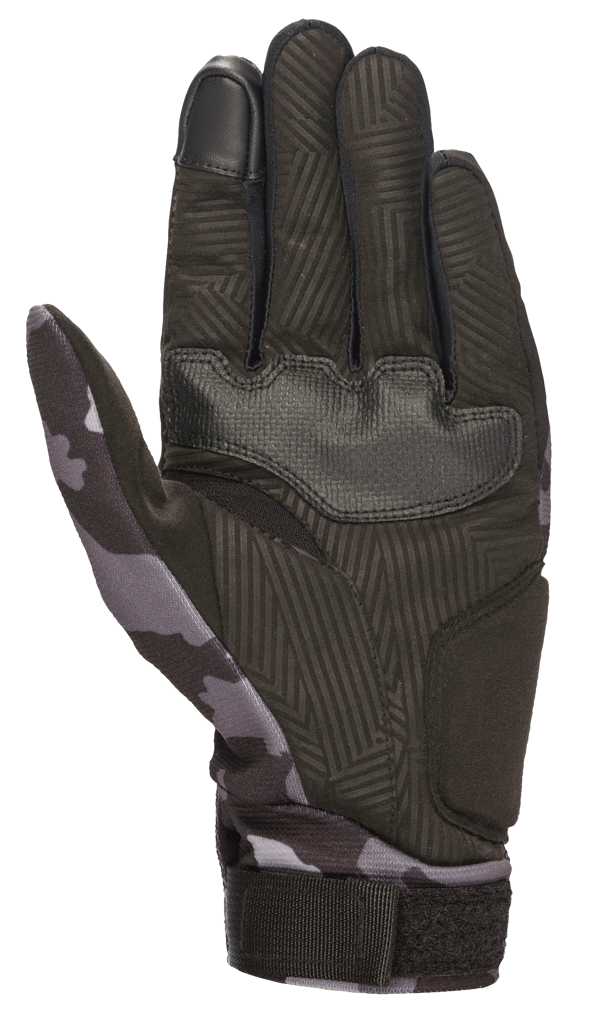 Alpinestars Youth Reef Gloves, młodzieżowe rękawice motocyklowe, czarno-szary kamuflaż, widok dłoni z syntetycznego zamszu z teksturowanym uchwytem, wzór moro na kciuku i nadgarstku, palec wskazujący kompatybilny z ekranami dotykowymi, styl miejski