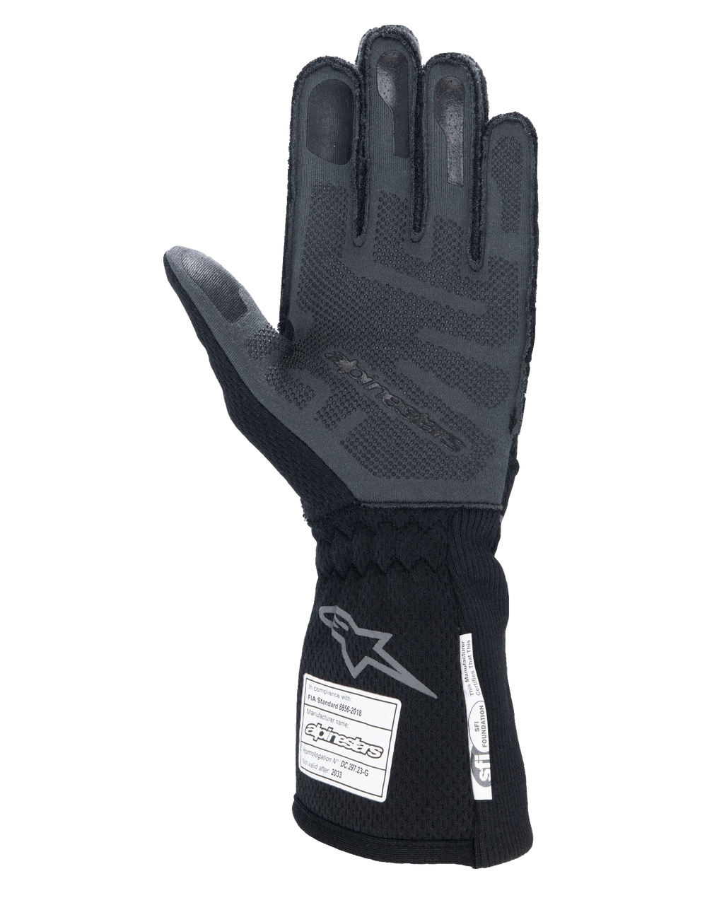 Rękawice Alpinestars Tech-1 ZX V4, profesjonalne rękawice wyścigowe, kolor Black Anthracite, widok dłoni z teksturowanym silikonowym nadrukiem 3D, długi mankiet z etykietami certyfikacji FIA i SFI