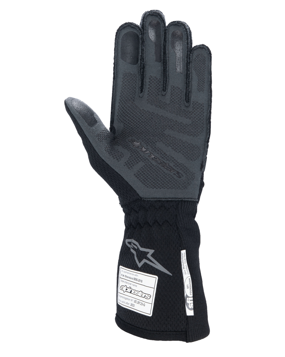 Rękawice Alpinestars Tech-1 ZX V4, profesjonalne rękawice wyścigowe, kolor Black Anthracite, widok dłoni z teksturowanym silikonowym nadrukiem 3D, długi mankiet z etykietami certyfikacji FIA i SFI