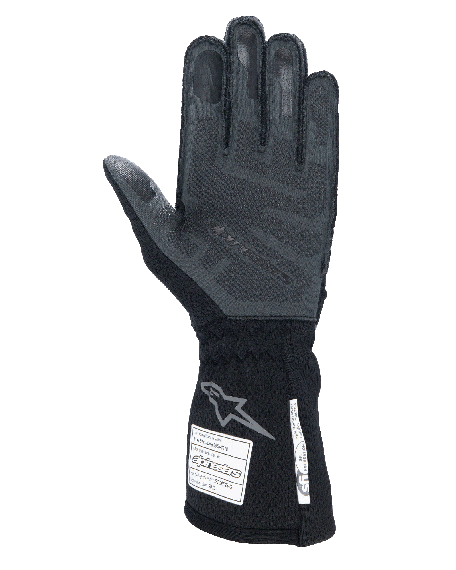 Rękawice Alpinestars Tech-1 ZX V4, profesjonalne rękawice wyścigowe, kolor Black Anthracite, widok dłoni z teksturowanym silikonowym nadrukiem 3D, długi mankiet z etykietami certyfikacji FIA i SFI
