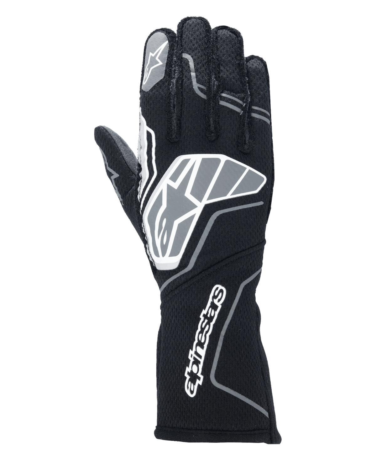 Alpinestars Tech-1 ZX V4 Gloves, Auto Racing Gloves, Black and Anthracite Gray, featuring a large star logo on the backhand and Alpinestars wordmark on the long gauntlet cuff, star logo on the index finger, professional flame-resistant construction