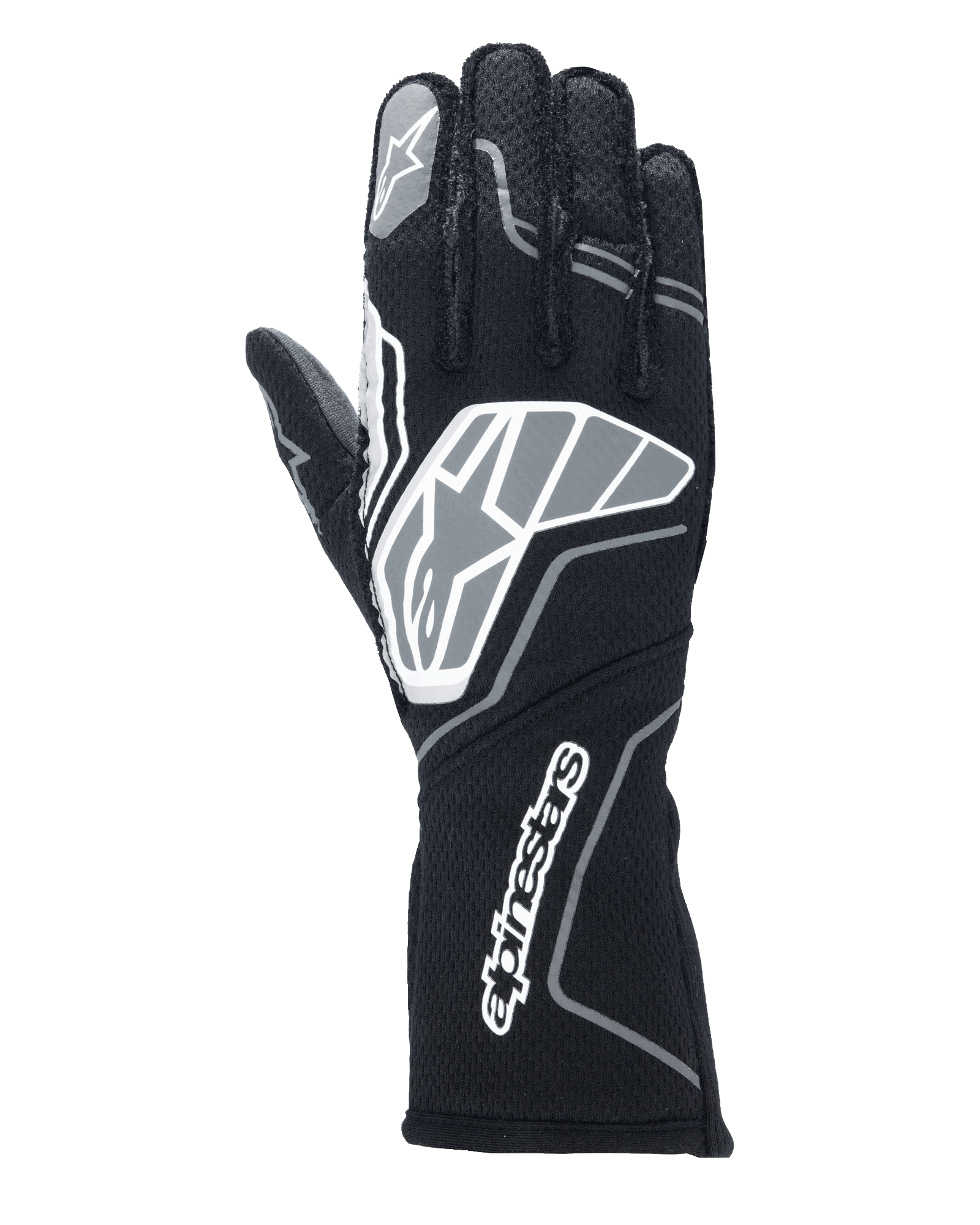 Rękawice Alpinestars Tech-1 ZX V4, rękawice wyścigowe, czarne i antracytowe, z dużym logo gwiazdy na wierzchu dłoni i napisem Alpinestars na długim mankiecie, logo gwiazdy na palcu wskazującym, profesjonalna konstrukcja ognioodporna