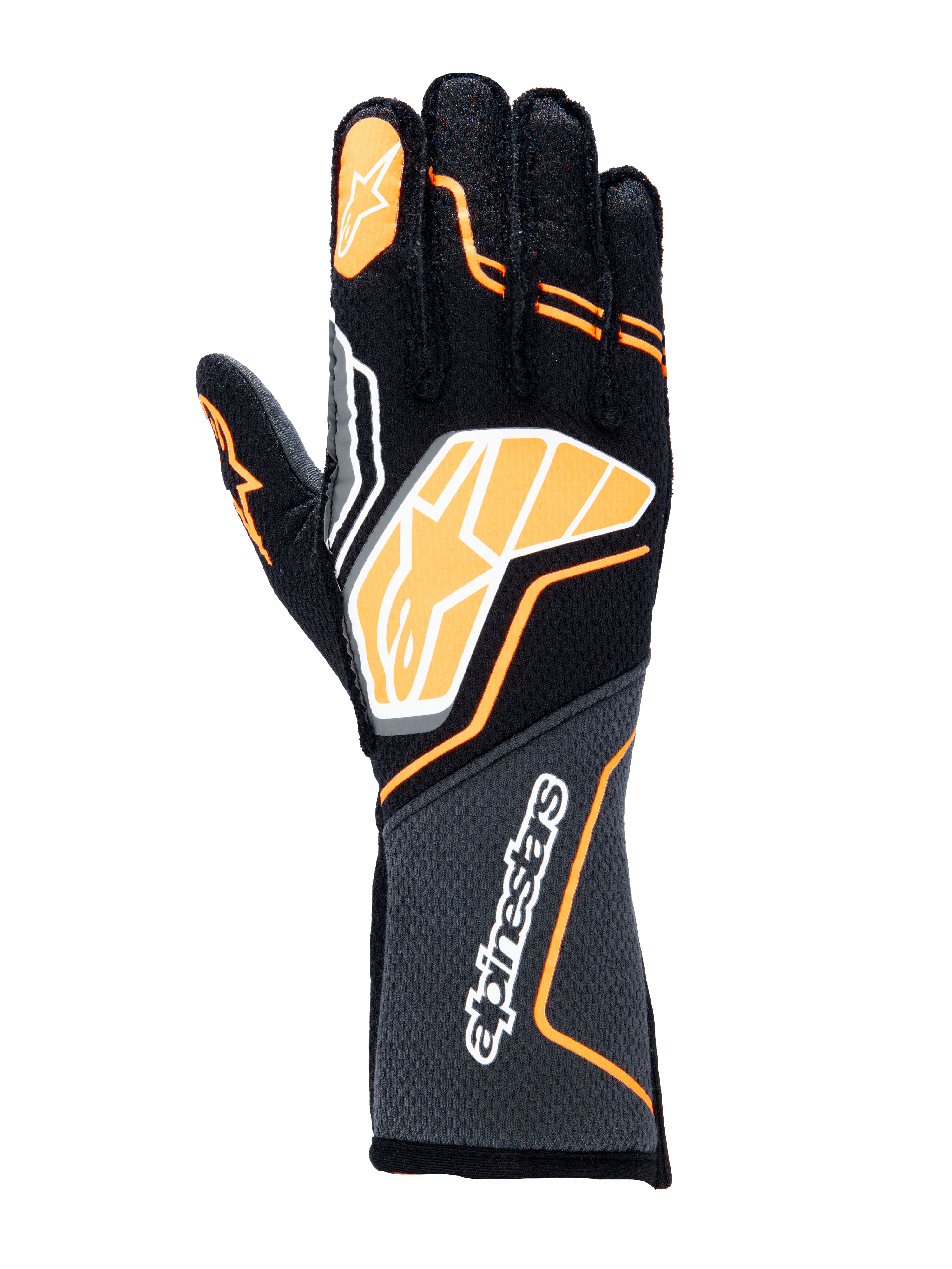 Alpinestars Tech-1 ZX V4 Gloves, rękawice wyścigowe, czarne z pomarańczowymi fluo i białymi akcentami, duże logo graficzne na grzbiecie dłoni, tkanina o strukturze plastra miodu na mankiecie, sportowy geometryczny design do profesjonalnych wyścigów