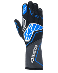 Rękawice Alpinestars Tech-1 ZX V4, samochodowe rękawice wyścigowe, czarne z niebieskimi i szarymi akcentami, białe logo gwiazdy i napis Alpinestars, konstrukcja z tkaniny o strukturze plastra miodu, profesjonalny sprzęt do sportów motorowych