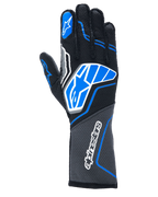 Rękawice Alpinestars Tech-1 ZX V4, samochodowe rękawice wyścigowe, czarne z niebieskimi i szarymi akcentami, białe logo gwiazdy i napis Alpinestars, konstrukcja z tkaniny o strukturze plastra miodu, profesjonalny sprzęt do sportów motorowych