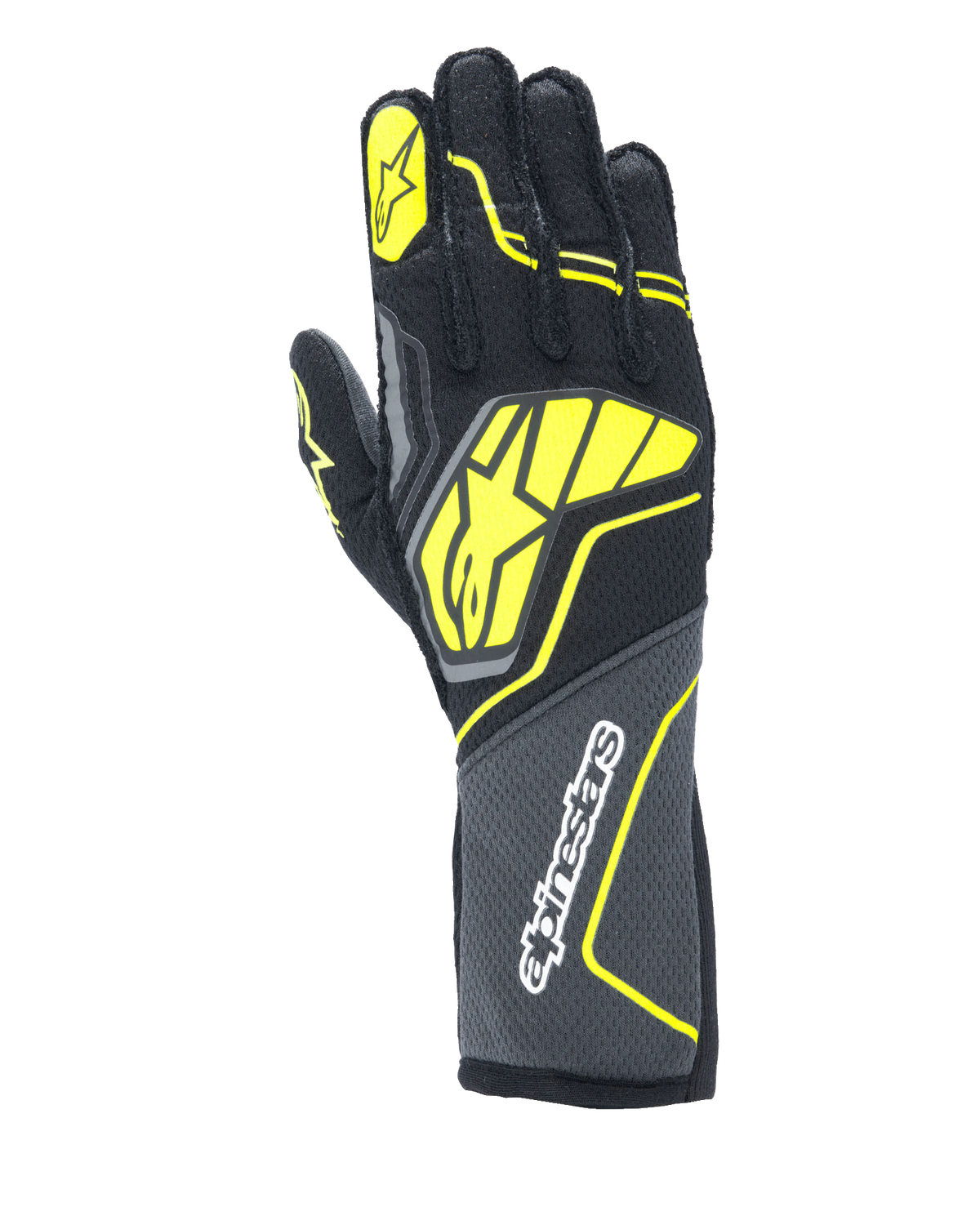 Alpinestars Tech-1 ZX V4 Gloves, Auto Racing Gloves, Tar Gray, Black and Yellow Fluo, featuring a large yellow star logo on the back and white branding on the cuff, honeycomb textured fabric with angular neon accents, professional motorsport gear.