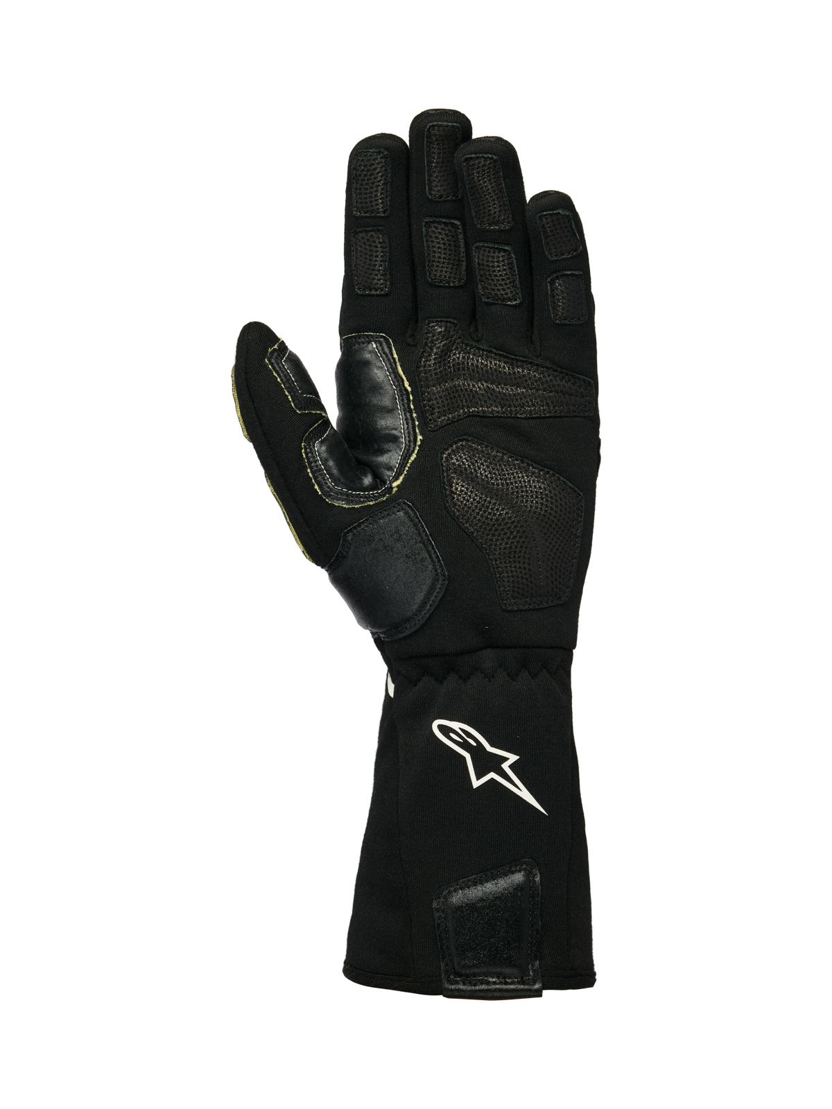 Alpinestars Tech-M V2 Gloves FIA, rękawice dla załogi pit-stopu, czarno-białe, widok od strony dłoni z teksturowaną skórą i silikonowymi łatami zwiększającymi przyczepność, białe logo gwiazdy na elastycznym mankiecie, zaprojektowane do obsługi pistoletu do kół w sportach motorowych