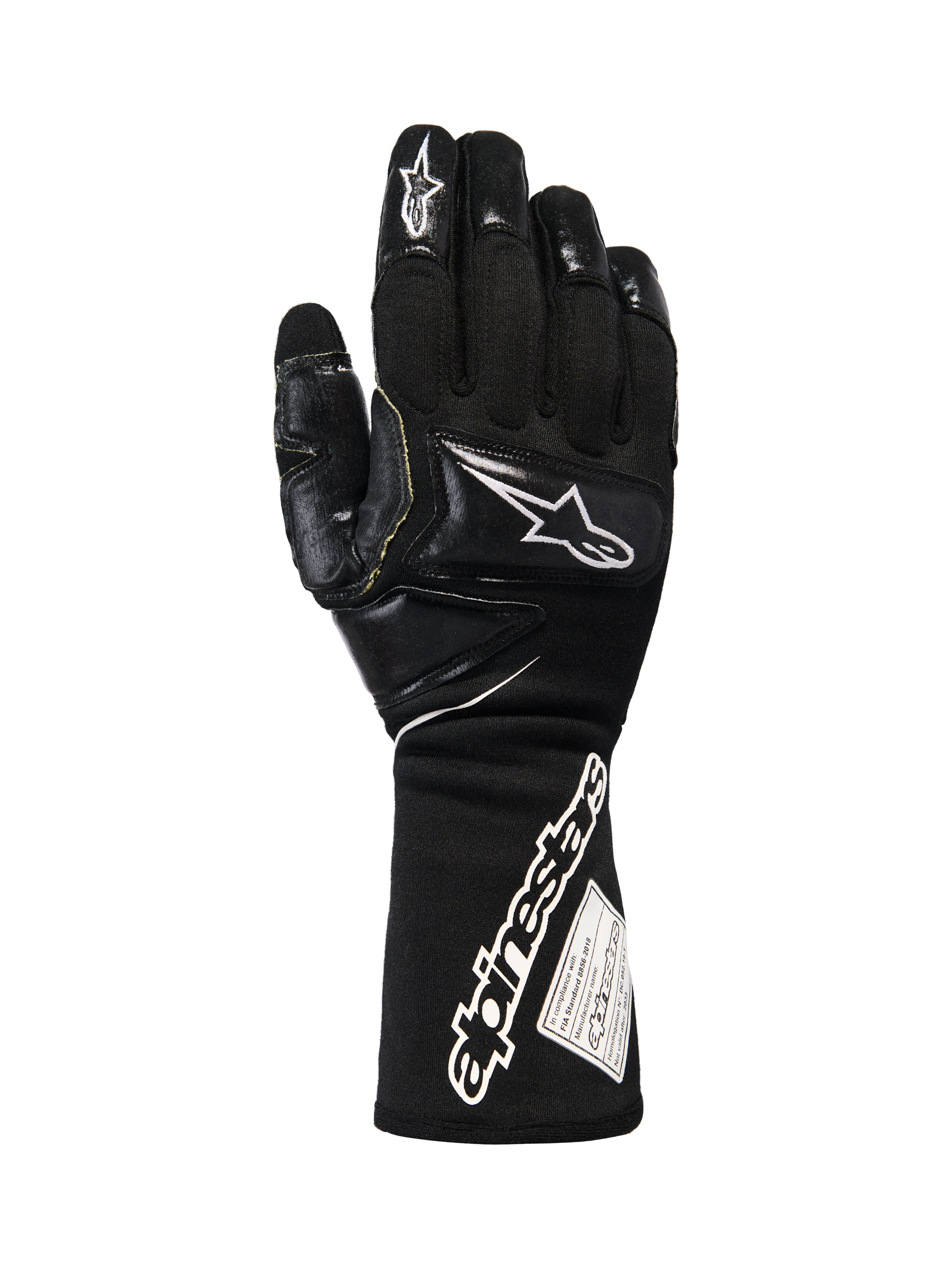 Alpinestars Tech-M V2 Gloves FIA, Black and White Pit-Crew Racing Gloves, featuring an extended cuff with bold Alpinestars branding and FIA certification tag, reinforced knuckle and finger patches for impact protection, professional motorsport gear