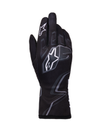 Alpinestars Tech-1 K Race V2 Gloves Graphic 1, Karting Racing Gloves, Black with white and gray geometric patterns, featuring Alpinestars star logo, lightweight textile construction with printed graphics