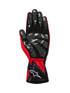 Alpinestars Tech-1 K Race V2 Gloves Graphic 1, rękawice kartingowe, czerwono-czarno-białe, widok od strony dłoni z białym silikonowym wzorem kropek dla lepszego chwytu, materiał z syntetycznego zamszu, elastyczny mankiet z białym logo