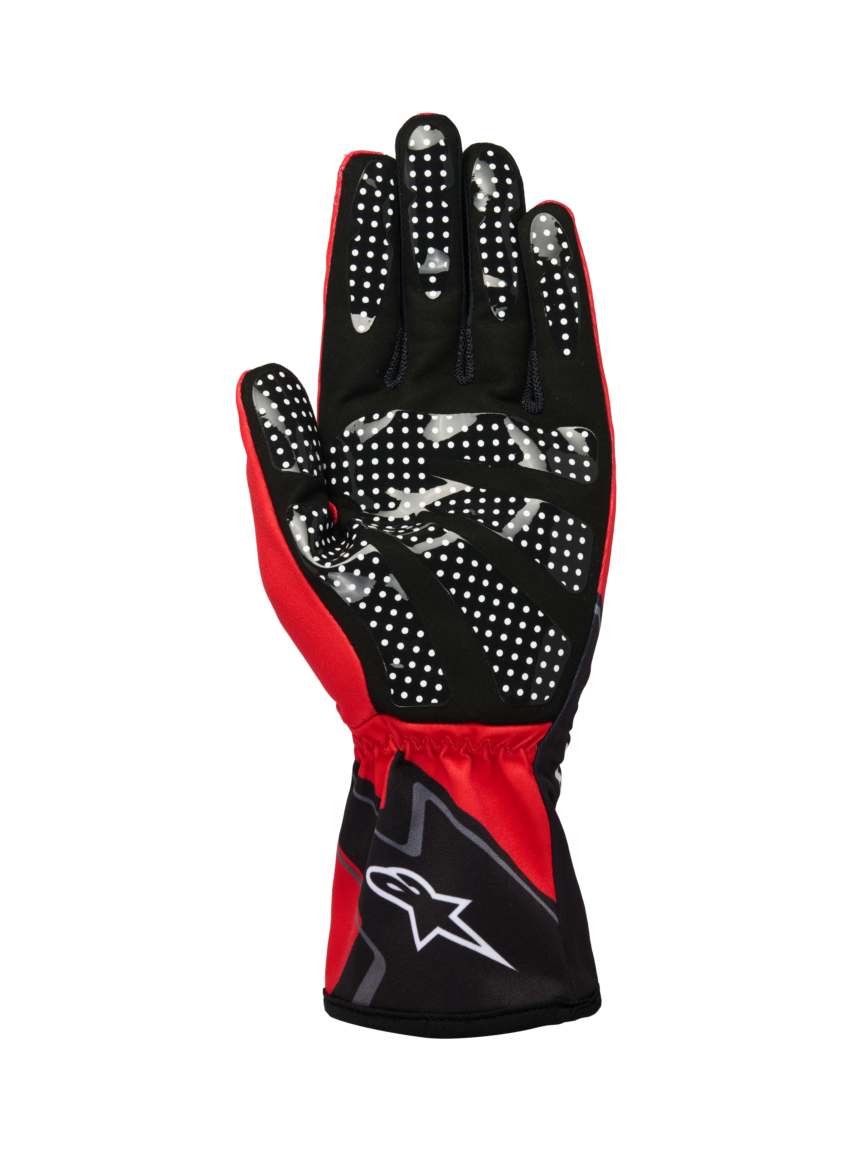 Alpinestars Tech-1 K Race V2 Gloves Graphic 1, rękawice kartingowe, czerwono-czarno-białe, widok od strony dłoni z białym silikonowym wzorem kropek dla lepszego chwytu, materiał z syntetycznego zamszu, elastyczny mankiet z białym logo