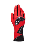 Alpinestars Tech-1 K Race V2 Gloves Graphic 1, rękawice kartingowe, czerwone z czarnymi i białymi akcentami, z wyraźnym logo gwiazdy i geometrycznym wzorem zygzaka na nadgarstku, lekka konstrukcja tekstylna do sportów motorowych