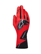 Alpinestars Tech-1 K Race V2 Gloves Graphic 1, rękawice kartingowe, czerwone z czarnymi i białymi akcentami, z wyraźnym logo gwiazdy i geometrycznym wzorem zygzaka na nadgarstku, lekka konstrukcja tekstylna do sportów motorowych