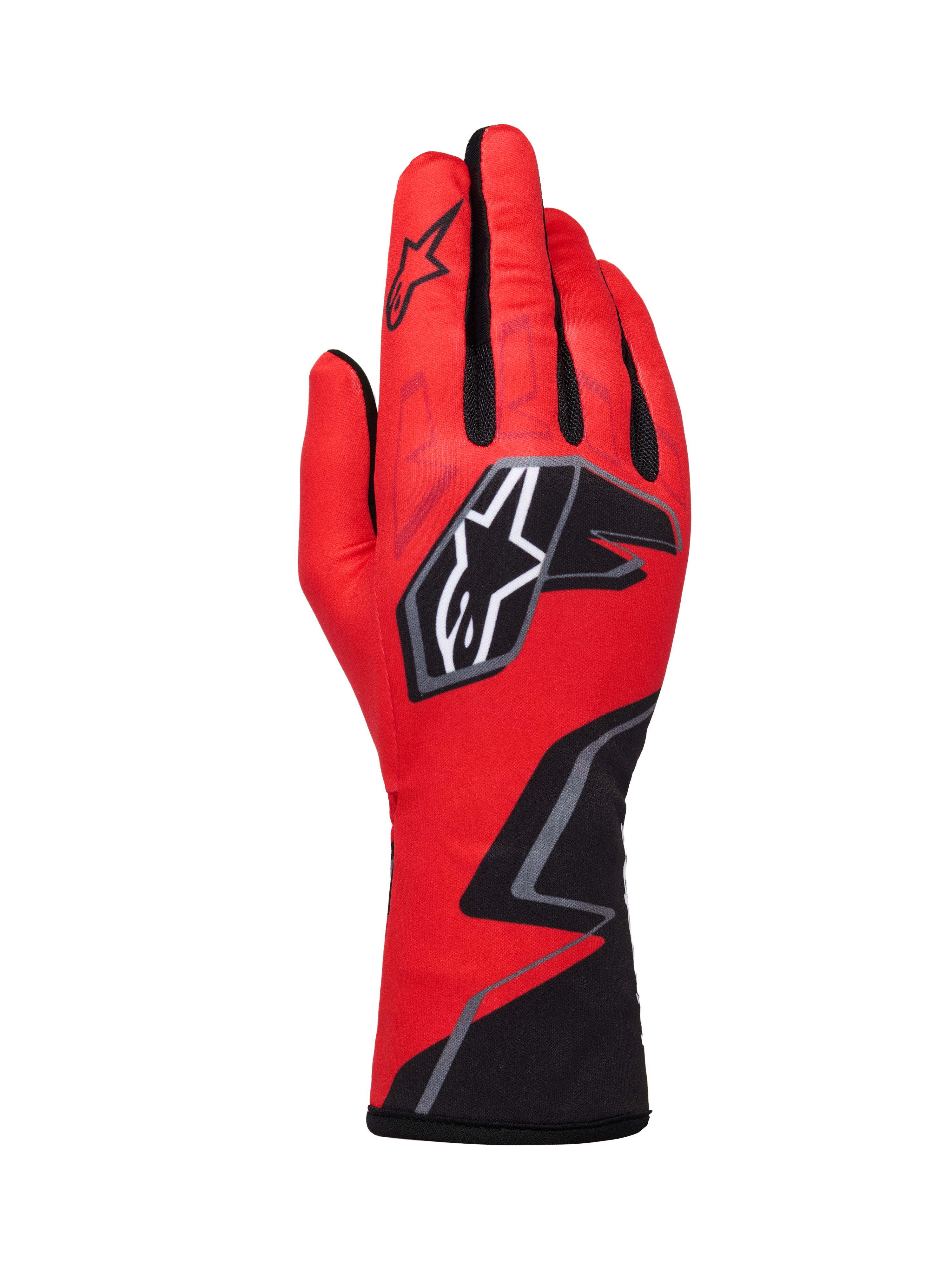 Alpinestars Tech-1 K Race V2 Gloves Graphic 1, rękawice kartingowe, czerwone z czarnymi i białymi akcentami, z wyraźnym logo gwiazdy i geometrycznym wzorem zygzaka na nadgarstku, lekka konstrukcja tekstylna do sportów motorowych