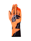 Alpinestars Tech-1 K Race V2 Graphic 1, rękawice kartingowe, jaskrawopomarańczowe z czarnymi i białymi akcentami, widok z tyłu lewej rękawicy, wyraźne logo gwiazdy, dopasowana konstrukcja tekstylna z geometrycznymi grafikami