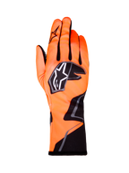Alpinestars Tech-1 K Race V2 Graphic 1, rękawice kartingowe, jaskrawopomarańczowe z czarnymi i białymi akcentami, widok z tyłu lewej rękawicy, wyraźne logo gwiazdy, dopasowana konstrukcja tekstylna z geometrycznymi grafikami