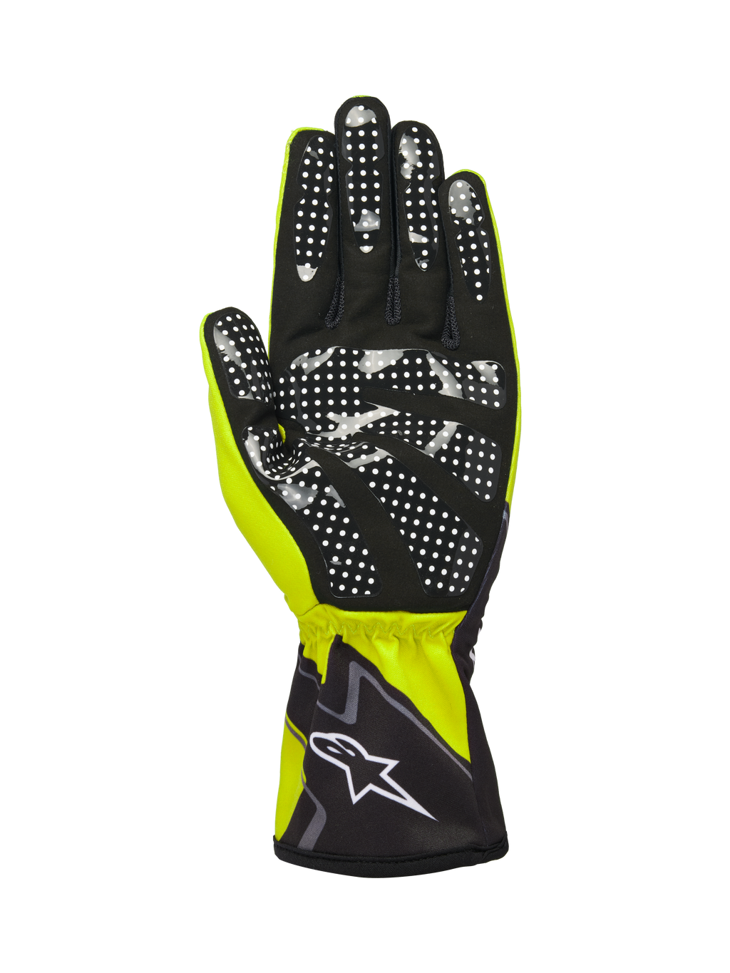 Alpinestars Tech-1 K Race V2 Gloves Graphic 1, rękawice kartingowe, żółty fluo, czarny i biały, widok od strony dłoni z czarnego syntetycznego zamszu z białym silikonowym wzorem w kropki, elastyczny mankiet z białym logo Alpinestars, wyczynowy model