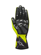 Alpinestars Tech-1 K Race V2 Gloves Graphic 1, rękawice kartingowe, żółty fluo, czarny i biały, widok od strony dłoni z czarnego syntetycznego zamszu z białym silikonowym wzorem w kropki, elastyczny mankiet z białym logo Alpinestars, wyczynowy model