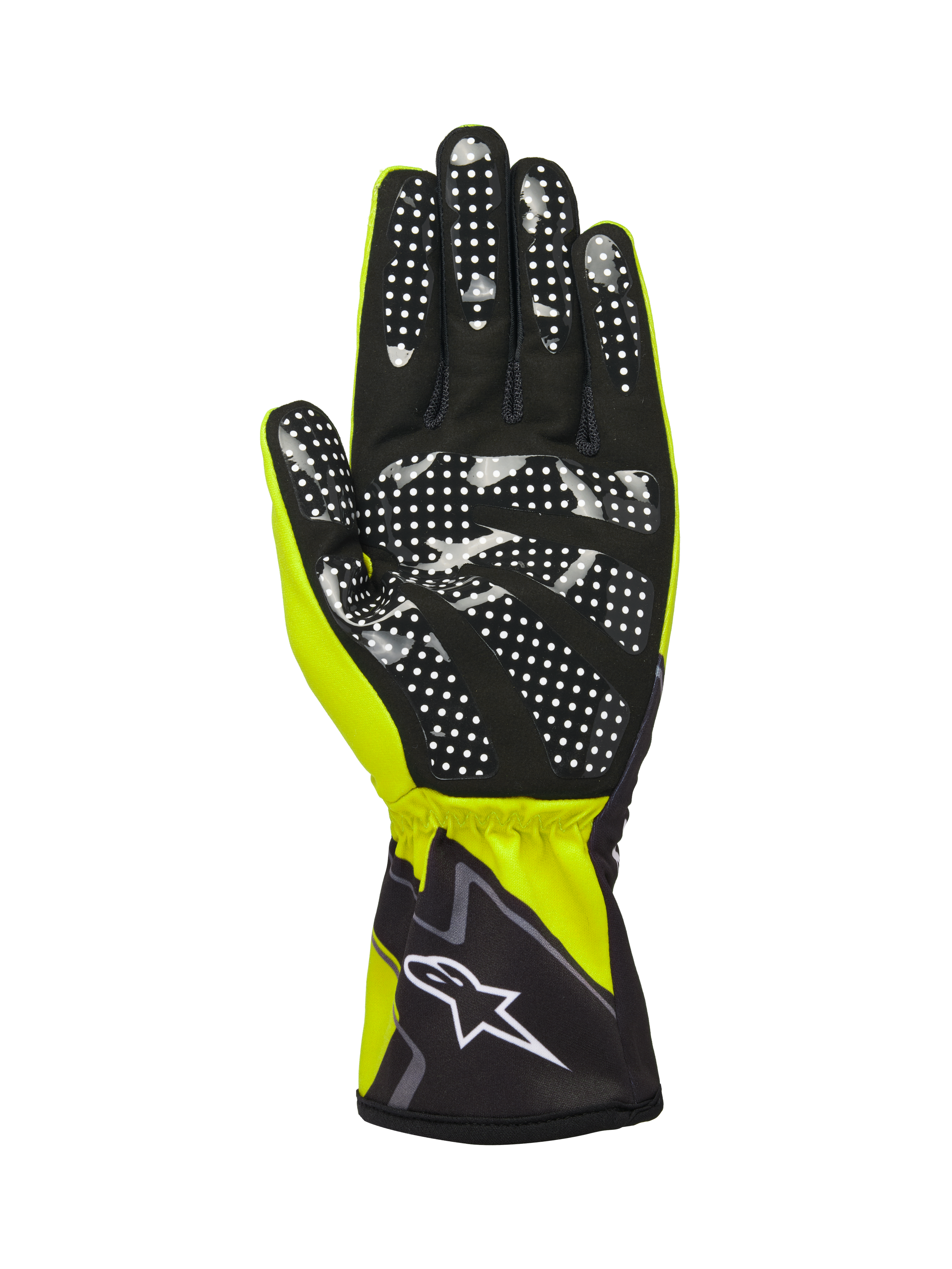 Alpinestars Tech-1 K Race V2 Gloves Graphic 1, rękawice kartingowe, żółty fluo, czarny i biały, widok od strony dłoni z czarnego syntetycznego zamszu z białym silikonowym wzorem w kropki, elastyczny mankiet z białym logo Alpinestars, wyczynowy model