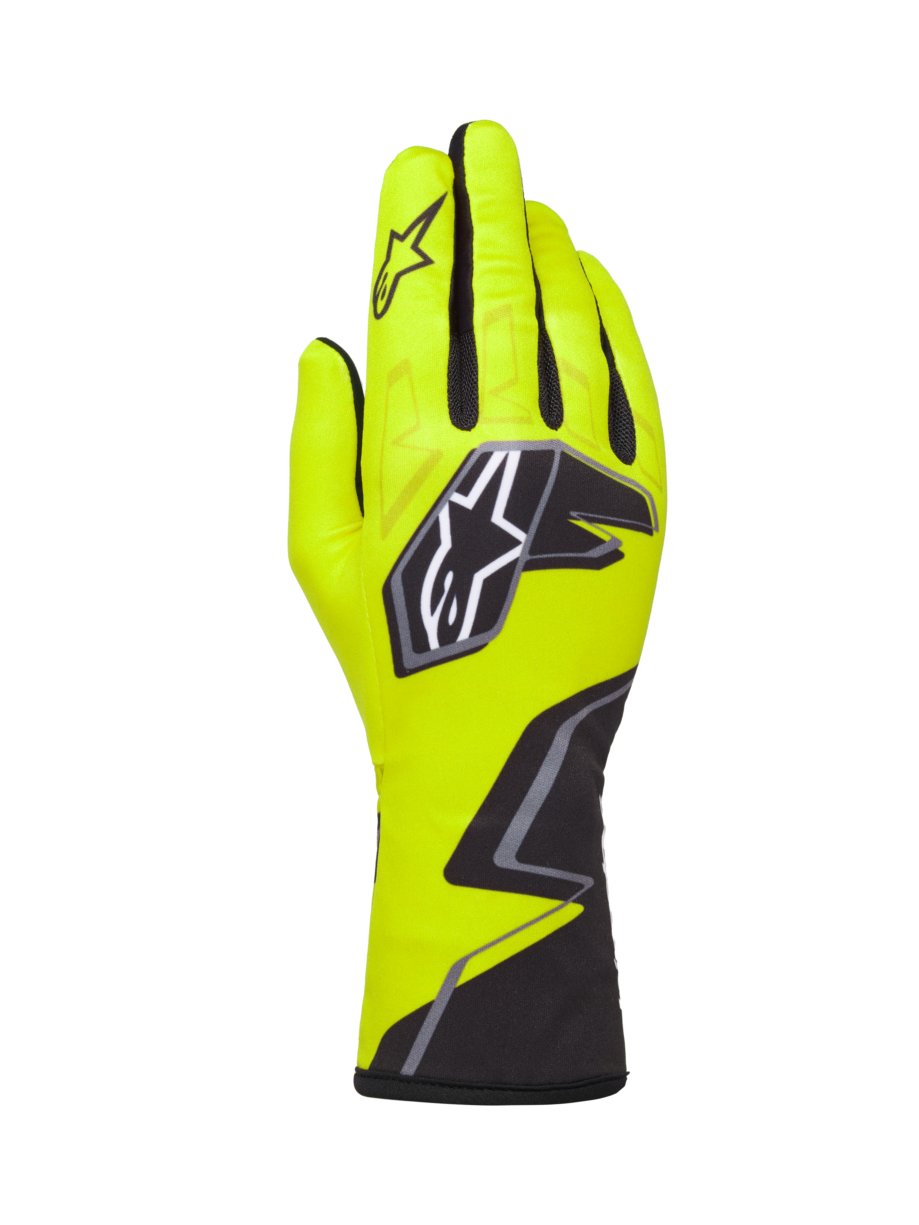 Alpinestars Tech-1 K Race V2 Graphic 1, rękawice kartingowe, żółte fluo, czarne i białe, z dużym logo gwiazdy na wierzchu i geometrycznym wzorem na nadgarstku, profesjonalny sprzęt do sportów motorowych