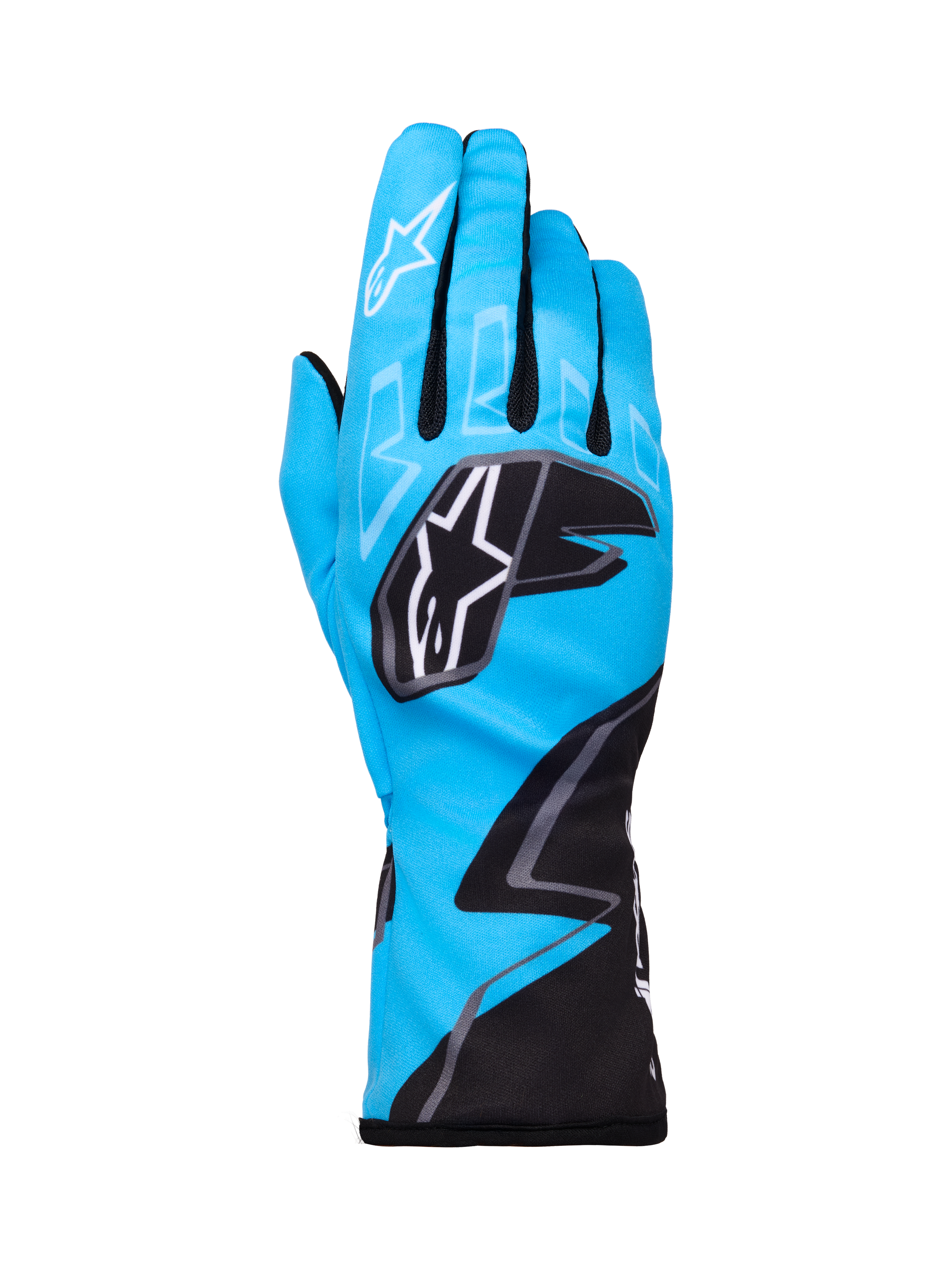 Alpinestars Tech-1 K Race V2 Gloves Graphic 1, rękawice kartingowe, niebieskie (cyan), czarne i białe, wyraziste wzory geometryczne, białe logo gwiazdy Alpinestars na kostkach, przedłużony mankiet, lekki i oddychający materiał zapewniający wydajność w kartingu