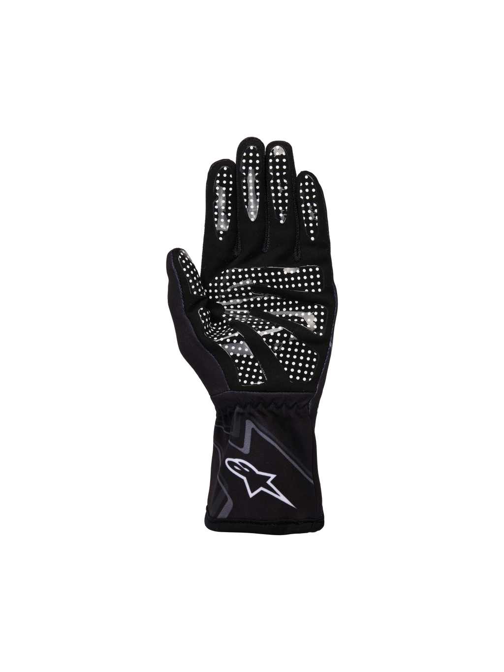 Alpinestars Youth Tech-1 K Race S V2 Graphic 1 Gloves, czarno-szare i białe, widok od strony dłoni z białym silikonowym wzorem na palcach i dłoni, konstrukcja z syntetycznego zamszu, białe logo A-star na elastycznym mankiecie