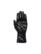 Alpinestars Youth Tech-1 K Race S V2 Graphic 1 Gloves, czarno-szare i białe, widok od strony dłoni z białym silikonowym wzorem na palcach i dłoni, konstrukcja z syntetycznego zamszu, białe logo A-star na elastycznym mankiecie