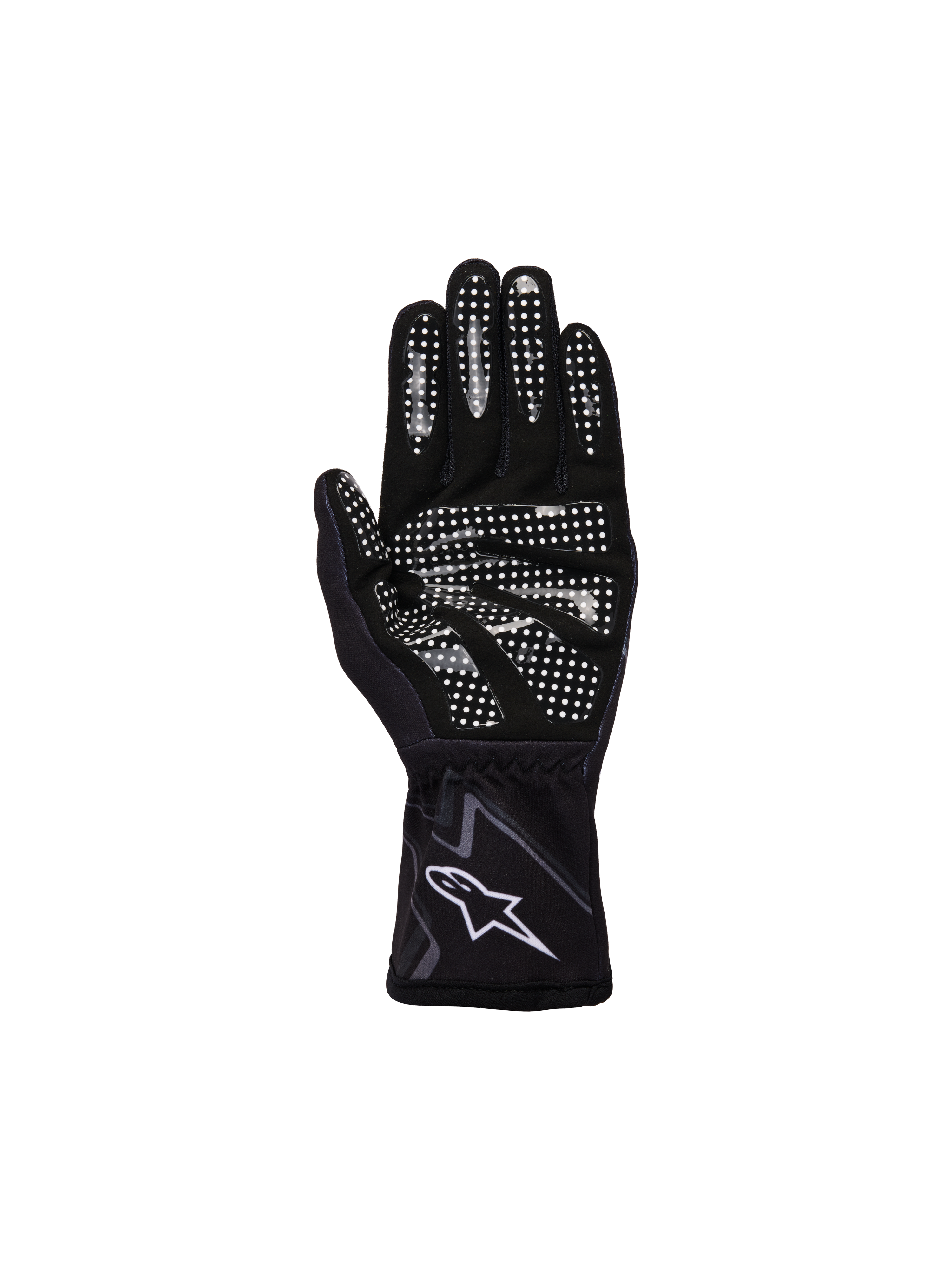 Alpinestars Youth Tech-1 K Race S V2 Graphic 1 Gloves, czarno-szare i białe, widok od strony dłoni z białym silikonowym wzorem na palcach i dłoni, konstrukcja z syntetycznego zamszu, białe logo A-star na elastycznym mankiecie