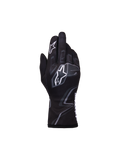 Alpinestars Youth Tech-1 K Race S V2 Graphic 1, młodzieżowe rękawice kartingowe, czarne z szarymi i białymi elementami, wyraźne białe logo Astar i szare grafiki inspirowane płomieniami, lekka tekstylna konstrukcja z elastycznym mankietem