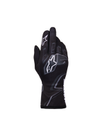 Alpinestars Youth Tech-1 K Race S V2 Graphic 1, młodzieżowe rękawice kartingowe, czarne z szarymi i białymi elementami, wyraźne białe logo Astar i szare grafiki inspirowane płomieniami, lekka tekstylna konstrukcja z elastycznym mankietem