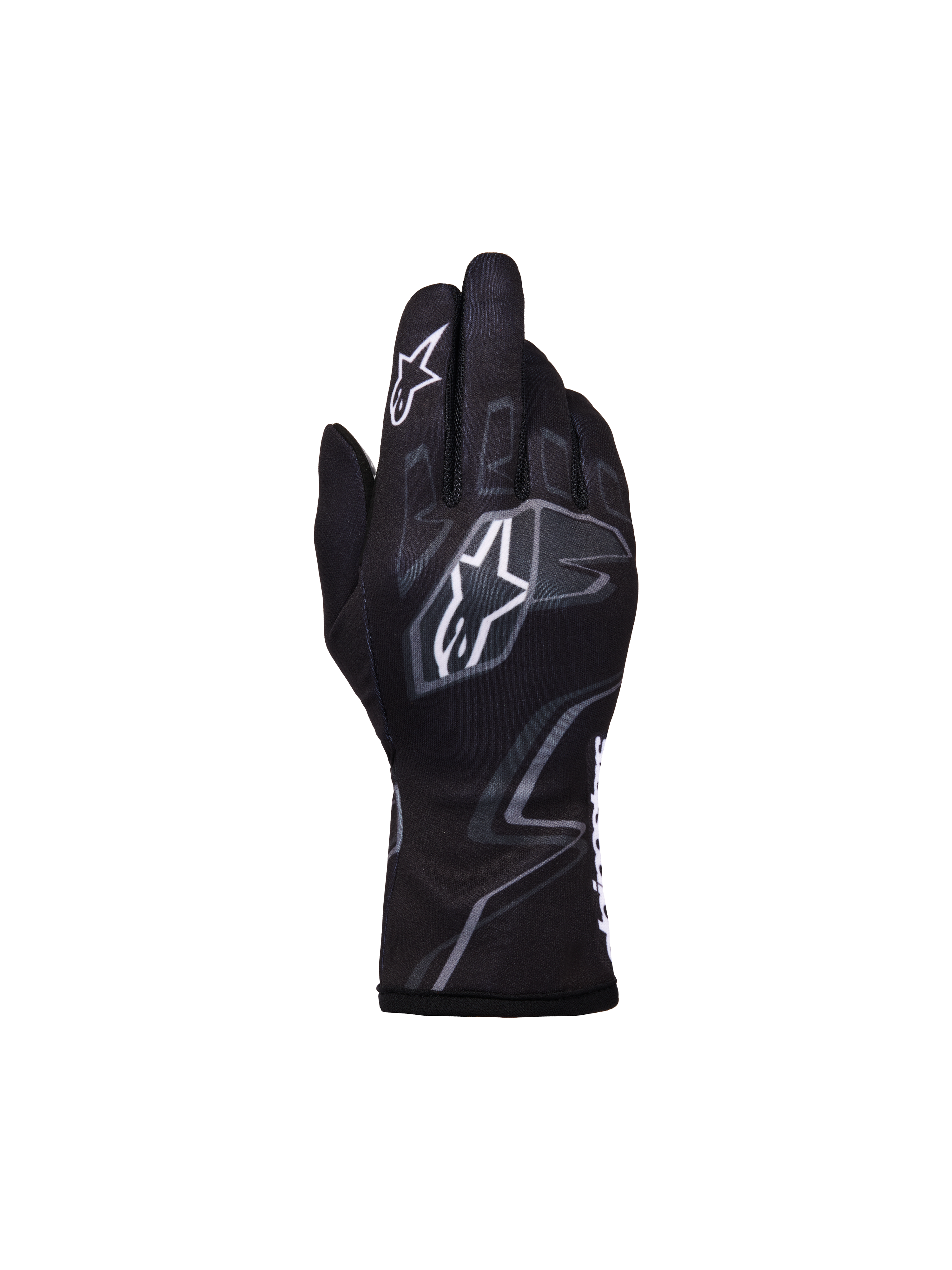 Alpinestars Youth Tech-1 K Race S V2 Graphic 1, młodzieżowe rękawice kartingowe, czarne z szarymi i białymi elementami, wyraźne białe logo Astar i szare grafiki inspirowane płomieniami, lekka tekstylna konstrukcja z elastycznym mankietem