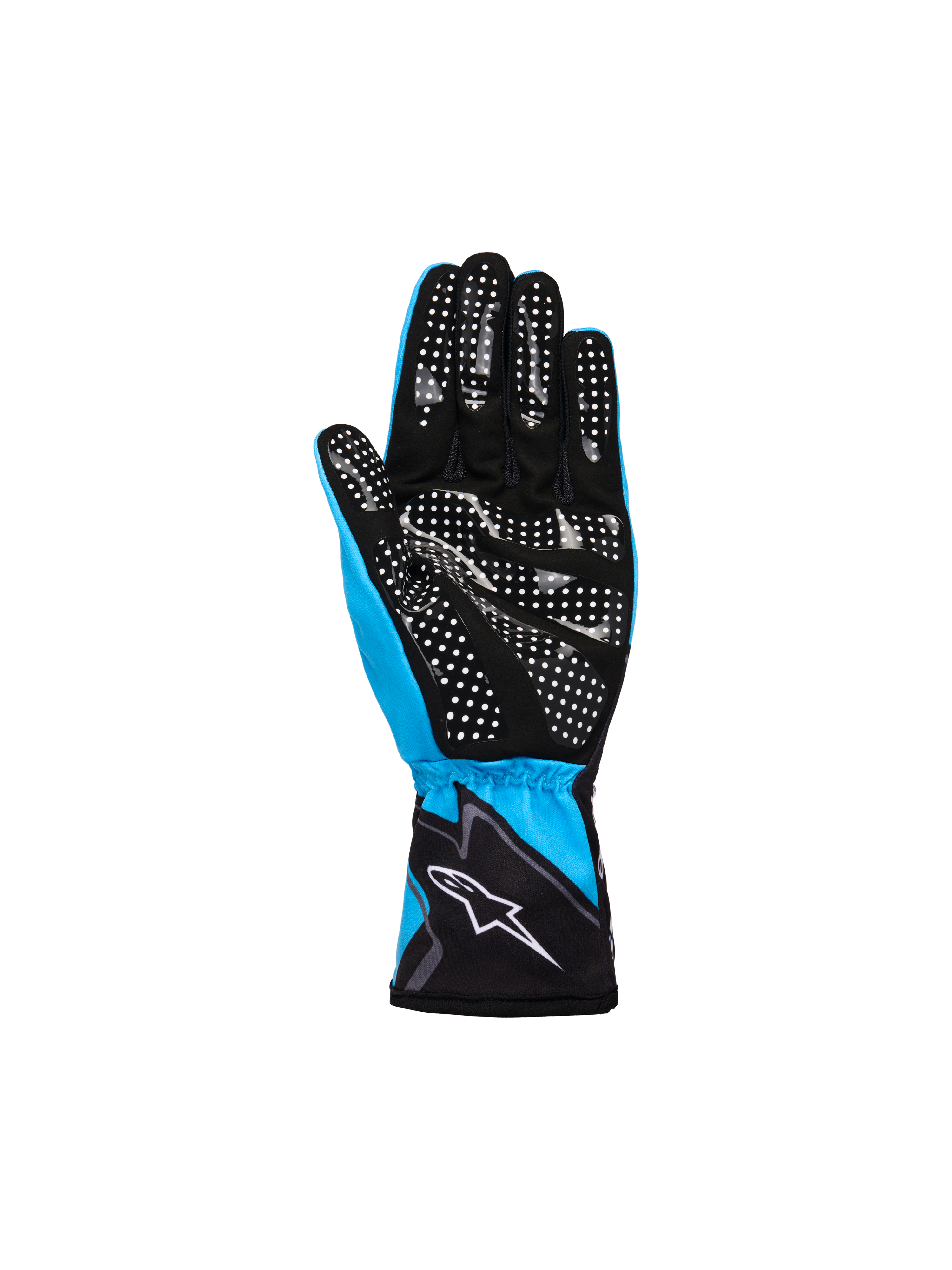Alpinestars Youth Tech-1 K Race S V2 Graphic 1 Gloves, Cyan Black and White, palm view featuring white dotted silicone grip pattern, lightweight textile and synthetic suede construction with Alpinestars logo on the elasticated cuff