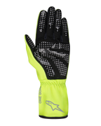 Alpinestars Youth Tech-1 K Race S V2 Pure Gloves, młodzieżowe rękawice kartingowe, żółte neonowe i czarne, widok dłoni z silikonowym wzorem kropek dla lepszej przyczepności, syntetyczny zamsz, jaskrawożółty mankiet z szarym logo Alpinestars i elastycznym nadgarstkiem