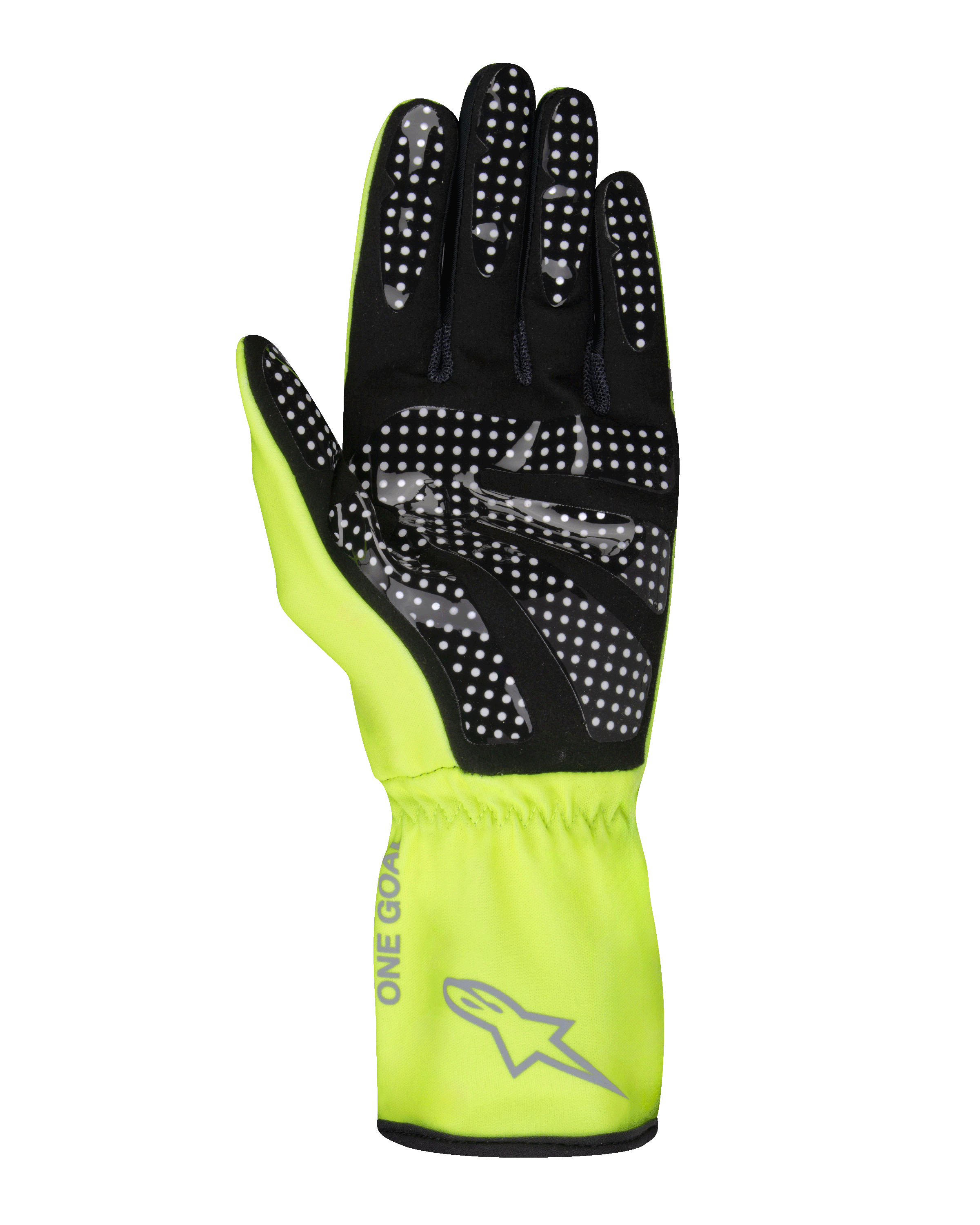 Alpinestars Youth Tech-1 K Race S V2 Pure Gloves, młodzieżowe rękawice kartingowe, żółte neonowe i czarne, widok dłoni z silikonowym wzorem kropek dla lepszej przyczepności, syntetyczny zamsz, jaskrawożółty mankiet z szarym logo Alpinestars i elastycznym nadgarstkiem