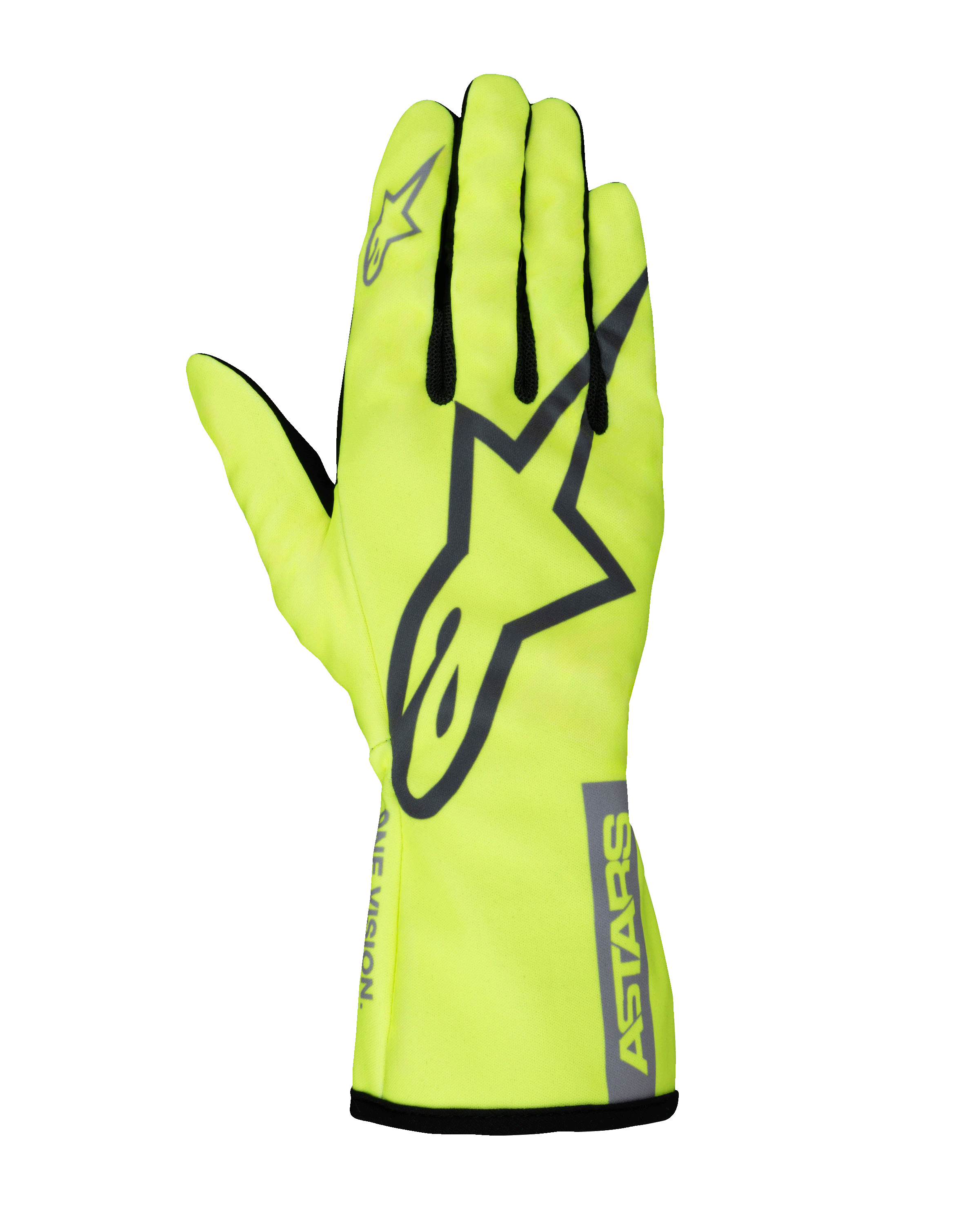 Alpinestars Youth Tech-1 K Race S V2 Pure, młodzieżowe rękawice kartingowe, żółte fluorescencyjne i szare, duże logo A-star na wierzchu dłoni, napis ASTARS na mankiecie, siatkowe wstawki między palcami