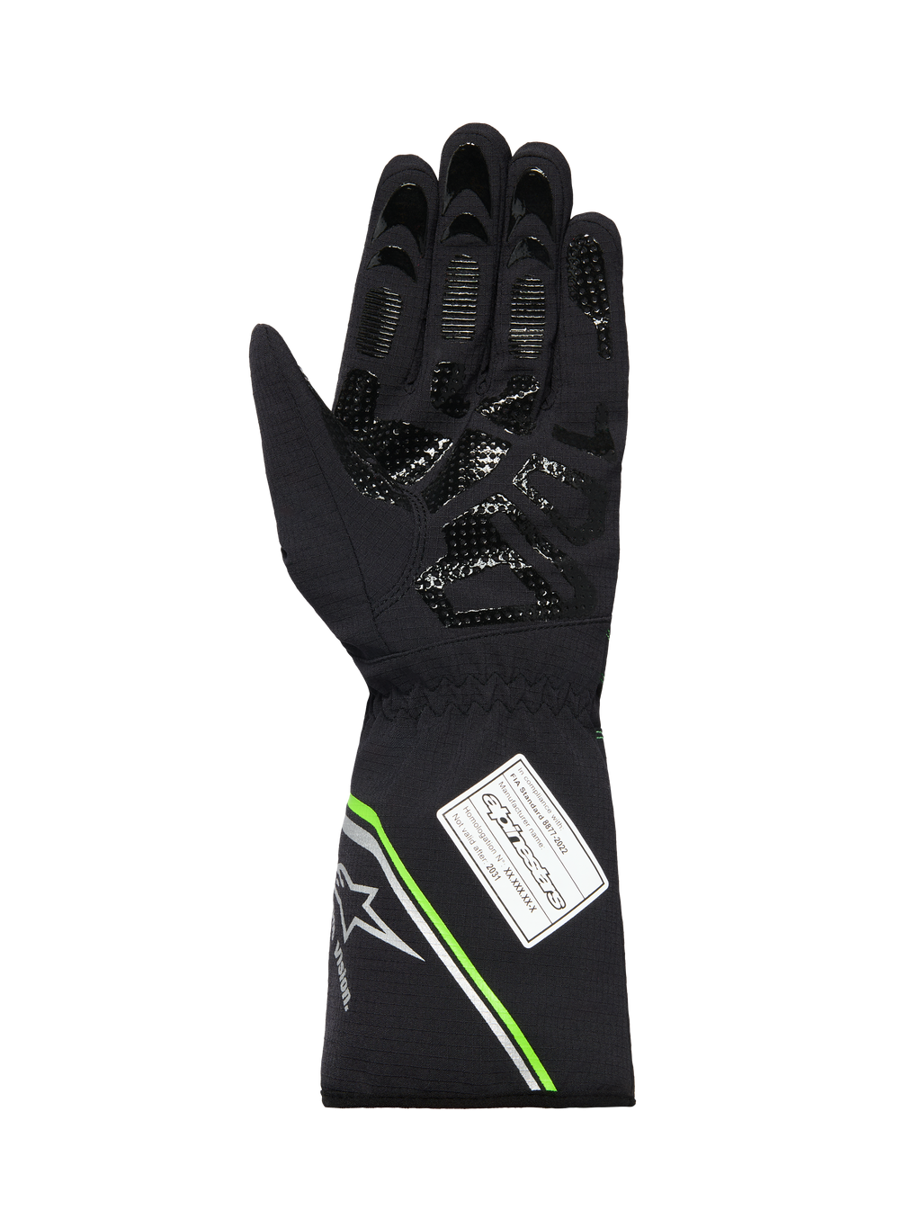 Alpinestars Tempest V3 Waterproof Gloves, palm side view of a black karting glove, featuring a silicone printed grip pattern, fluo green and silver accents on the gauntlet cuff, and an FIA 8877-2022 homologation label.