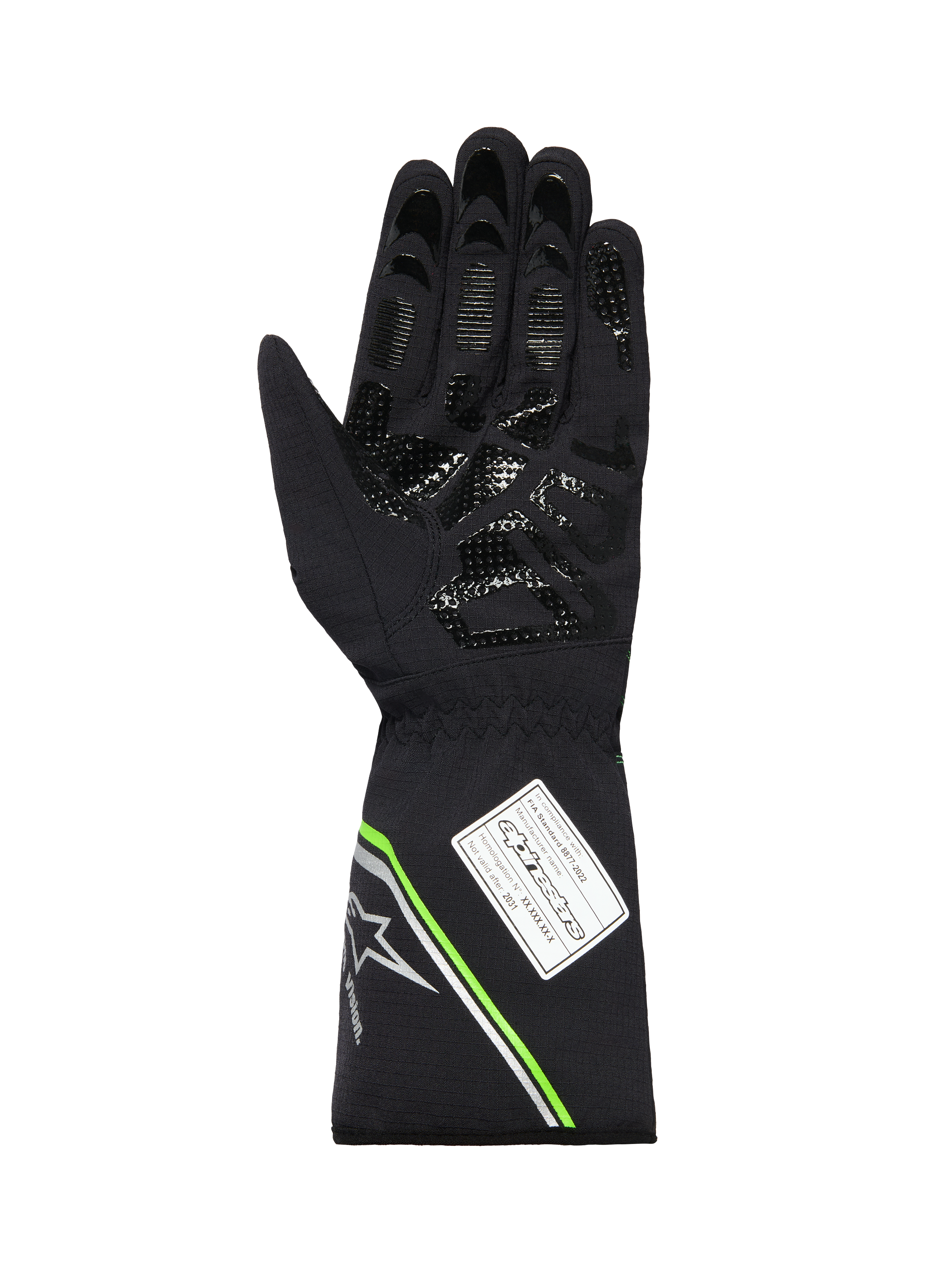 Alpinestars Tempest V3 Waterproof Gloves, palm side view of a black karting glove, featuring a silicone printed grip pattern, fluo green and silver accents on the gauntlet cuff, and an FIA 8877-2022 homologation label.