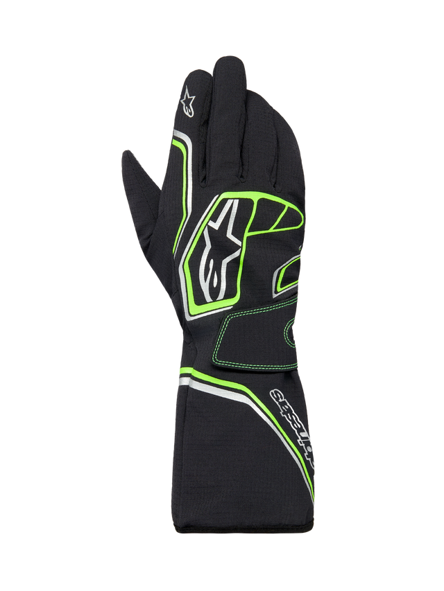 Alpinestars Tempest V3 Waterproof Gloves, rękawice kartingowe, czarne z jaskrawozielonymi i srebrnymi akcentami, długi mankiet, logo Alpinestars, wytrzymała tekstylna konstrukcja do wyścigów w deszczu