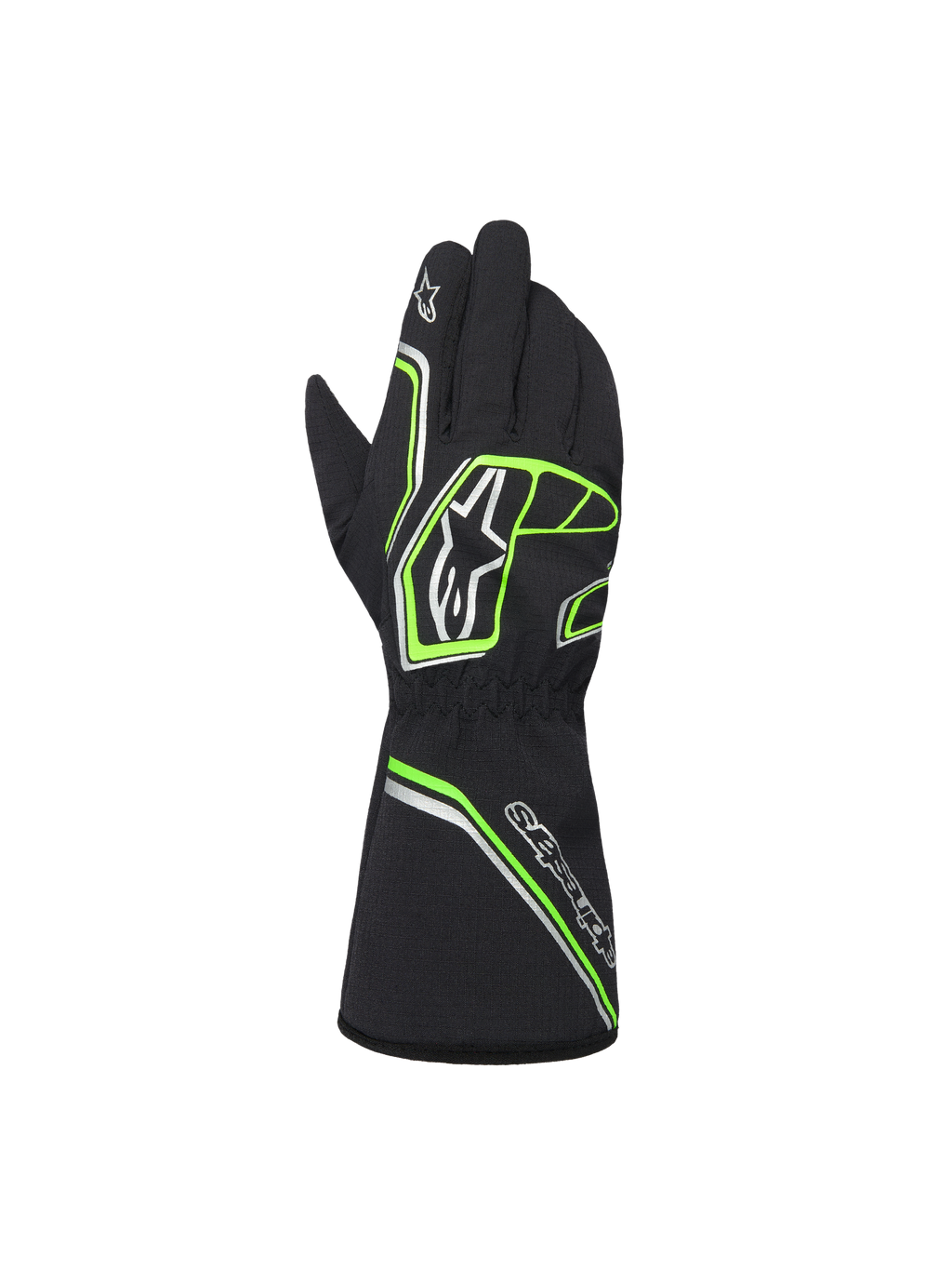 Alpinestars Youth Tempest V3 Waterproof S Gloves, Black with Neon Green and Silver accents, back view showing gauntlet style, fluo green geometric patterns and Astar logos, waterproof karting gloves for youth drivers